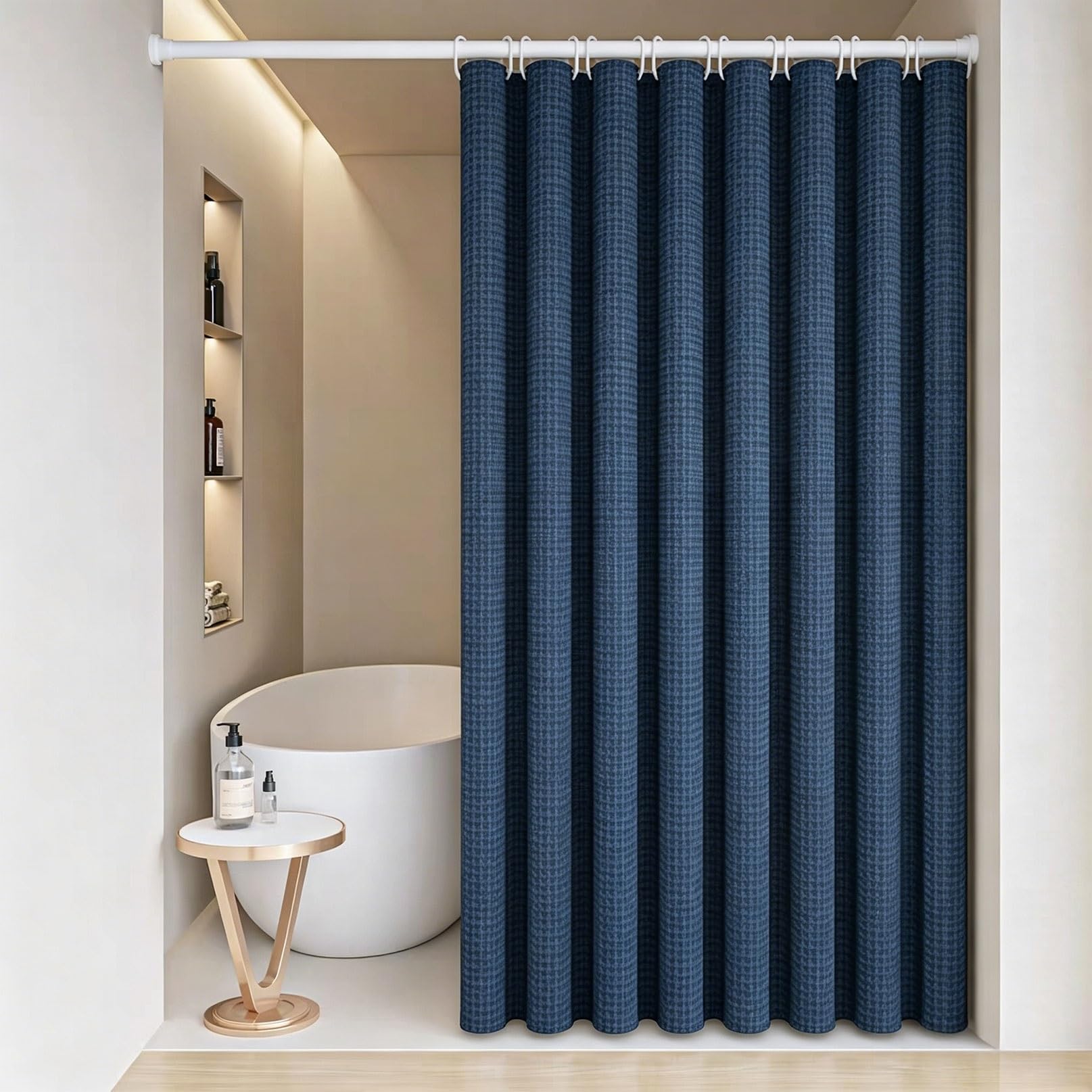 Rcyongq Navy Blue Shower Curtain For Bathroom Water And Mould Resistant Fabric, Waffle Bath Curtains Includes 12 Pcs Curtain Hooks, Quick-Drying, 230G/㎡ For Bathroom Wet Room Tub(,180X180cm)