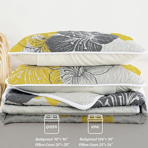 Miniatura 6 de Juego de edredón de 3 piezas, tamaño Queen, con patrón floral amarillo, elegante colcha bohemia con 2 fundas de almohada, juego de ropa de cama de