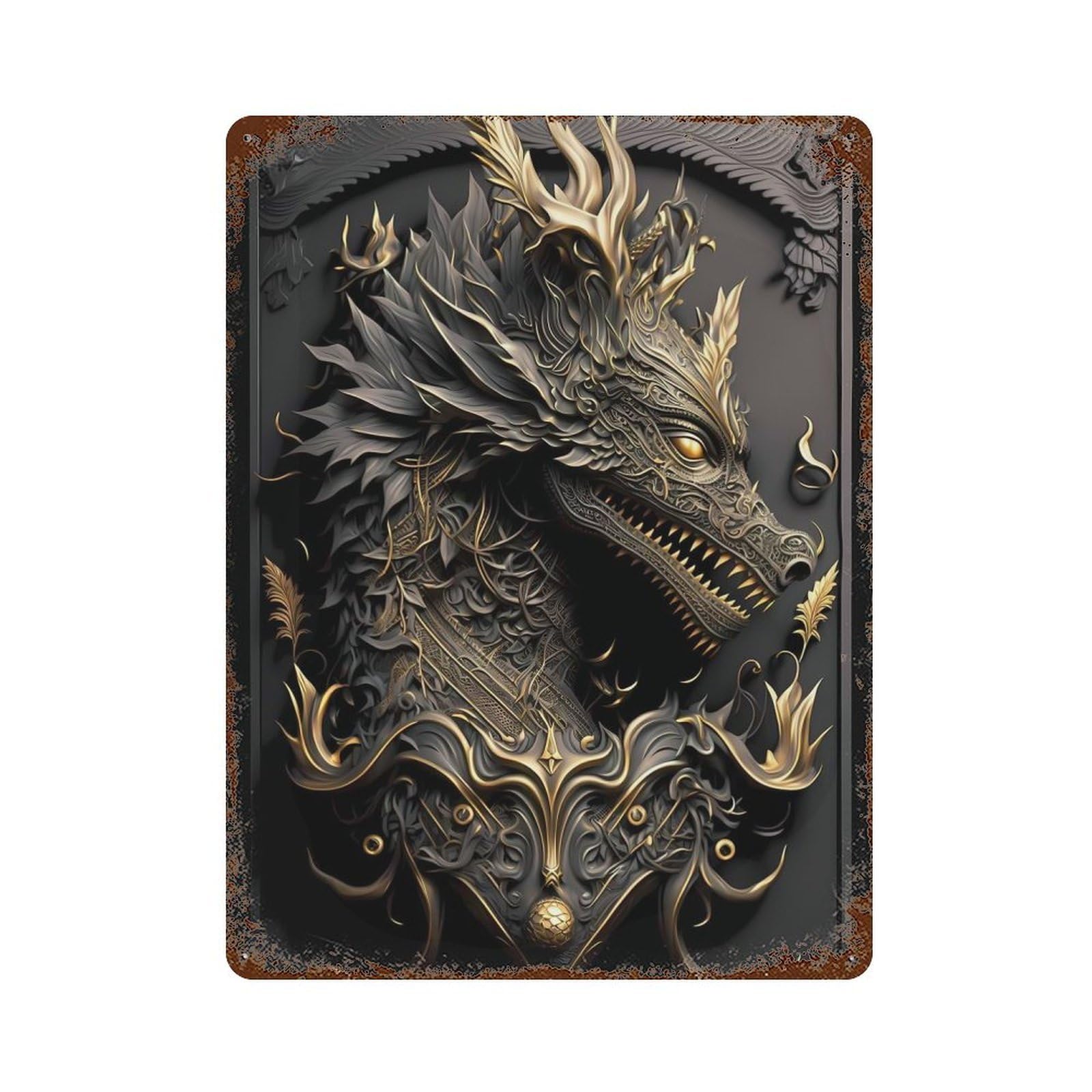 Garage Style Noble Dragon God Art Deco Distressed Metal Wall Sign 15.7"x11.8", Shabby Chic Decor for Bar And Workshop