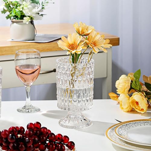 Miniatura 5 de VanEnjoy Jarrón de cristal con base de pedestal, jarrones de boca ancha para flores, florero decorativo en relieve para el hogar, oficina, boda,