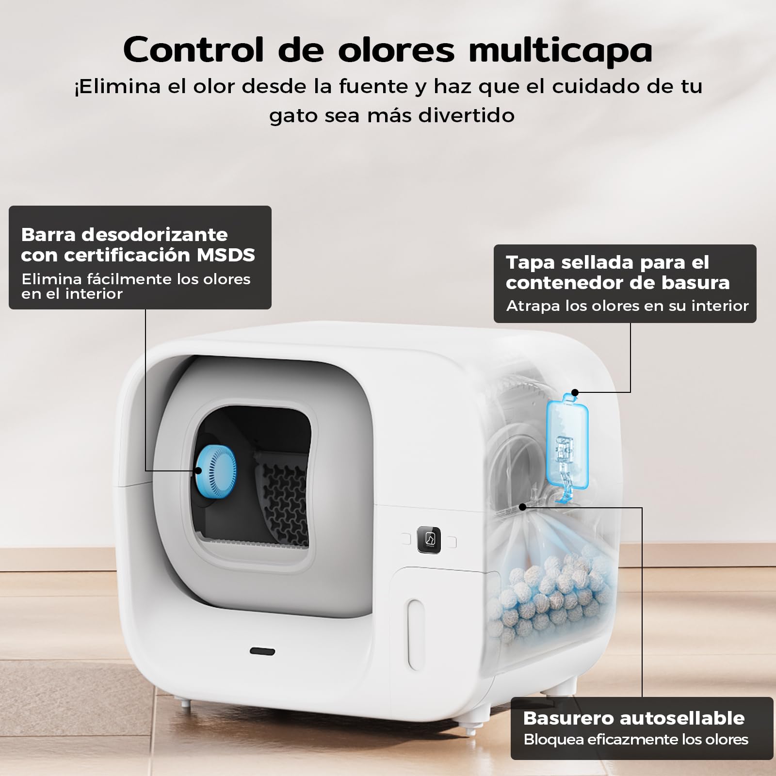 Arenero Gatos Autolimpiable, Cura 3 Arenero Autolimpiable para Gatos con Sistema de Empaquetado Automático, Certificación de Seguridad TUV (7 Sensores), Control de Olores y Funcionalidad de App