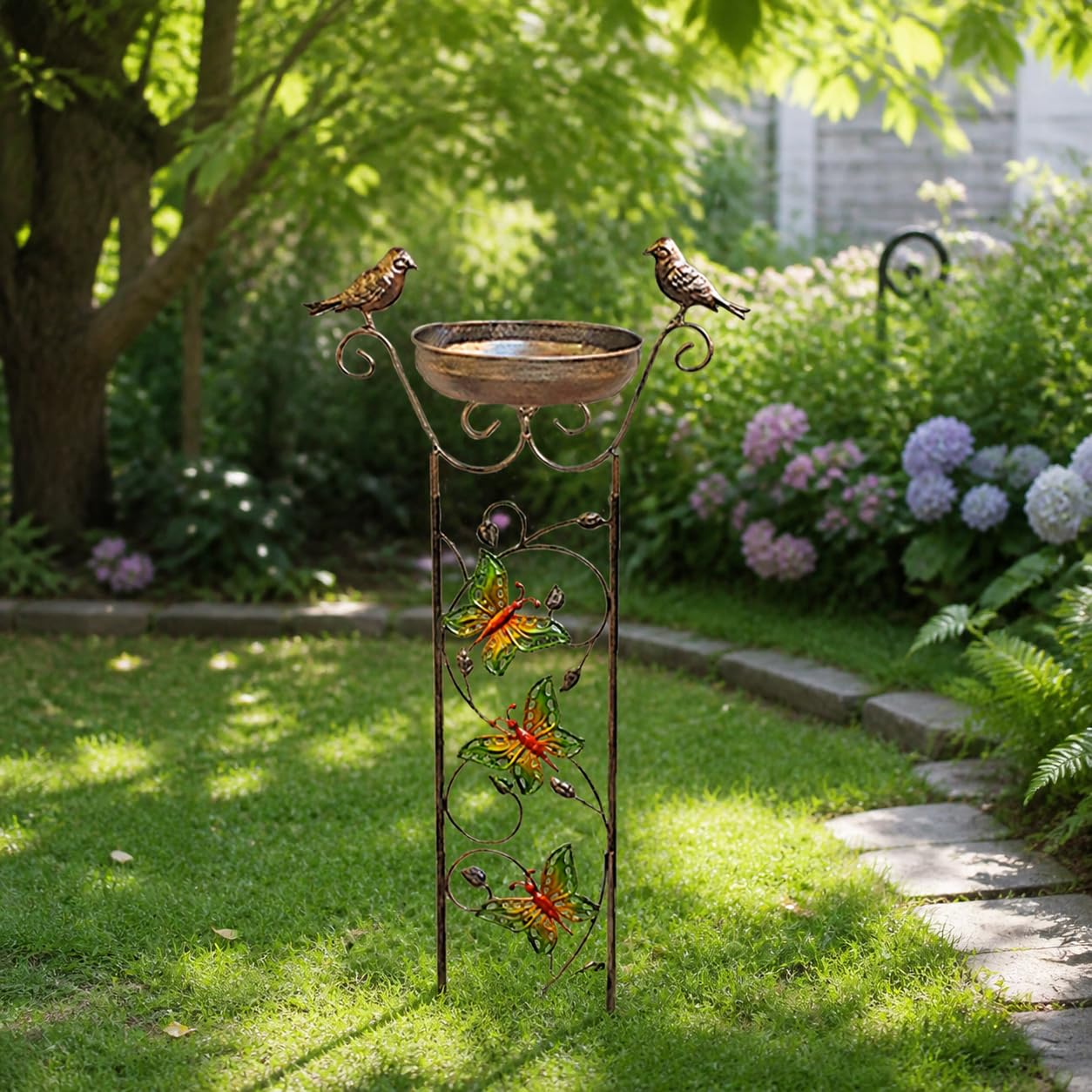 Comedero pájaros Exterior rústico, baño pájaros Metal, Soporte Hierro jardín, decoración terraza, Butterfly