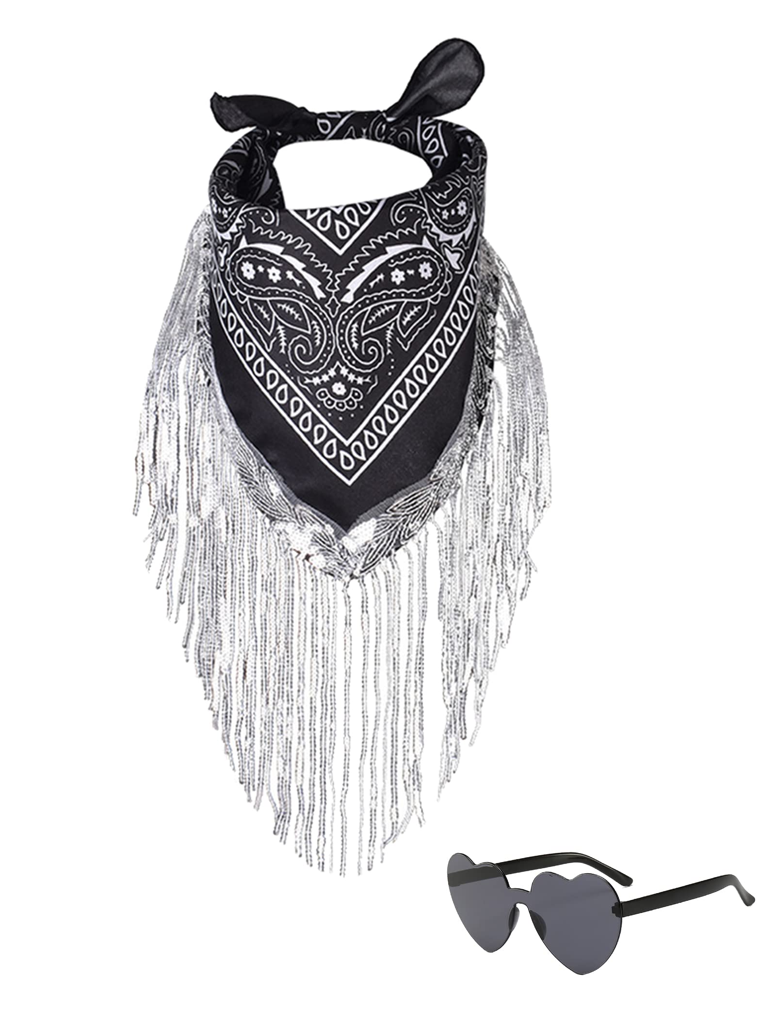 Jianglai Unisex Black Fringe Bandana With Heart Sunglasses, Rhinestone Bandana Disco Cowgirl Decorations Outfit For Women Bachelorette Party (Black)