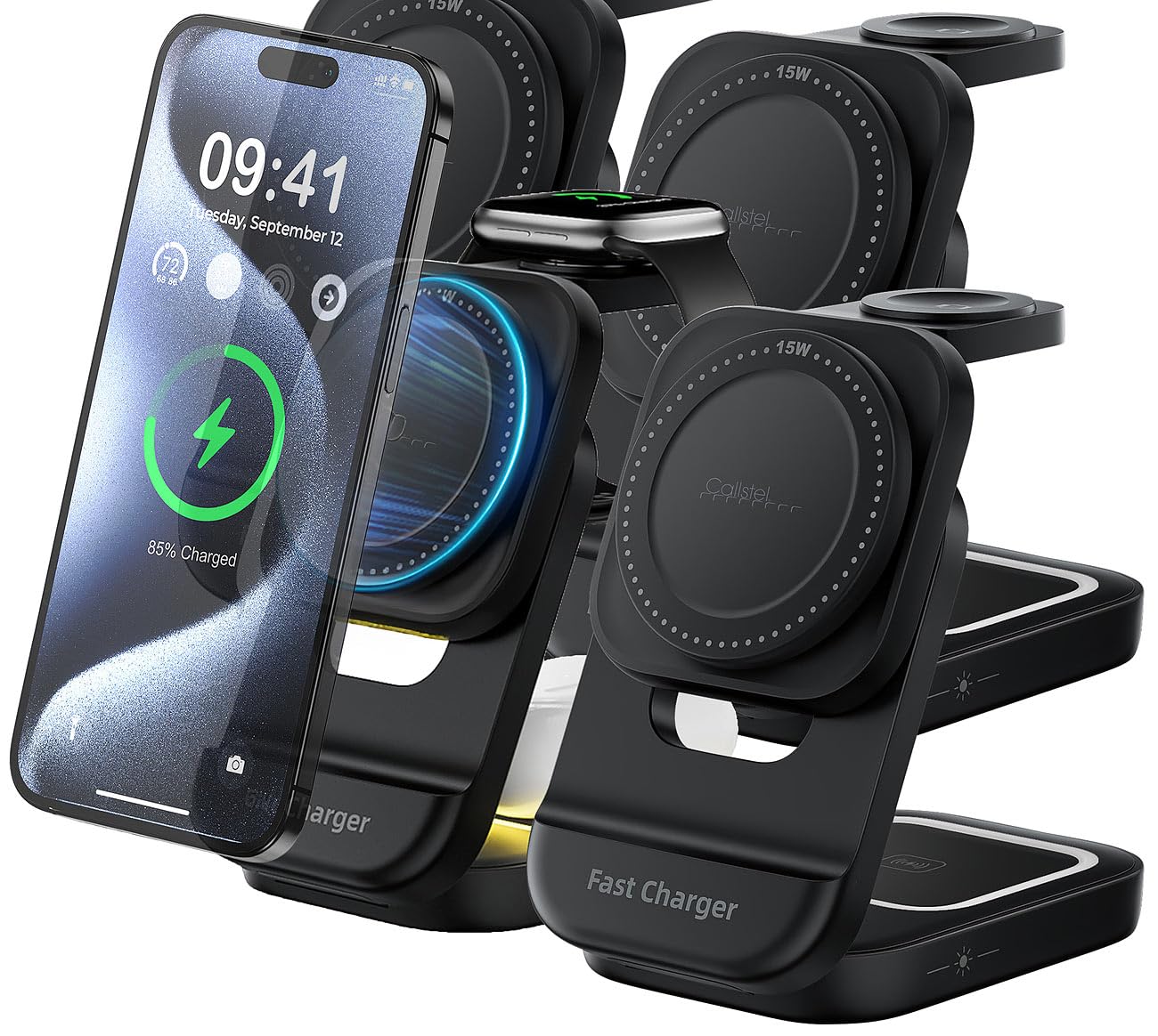 Callstel stazione di ricarica 3in1: set da 4 Stazione di ricarica 3in1 MagSafe, pieghevole, per iPhone, Apple Watch e AirPods (compatibile con MagSafe, wireless per iPhone Apple)