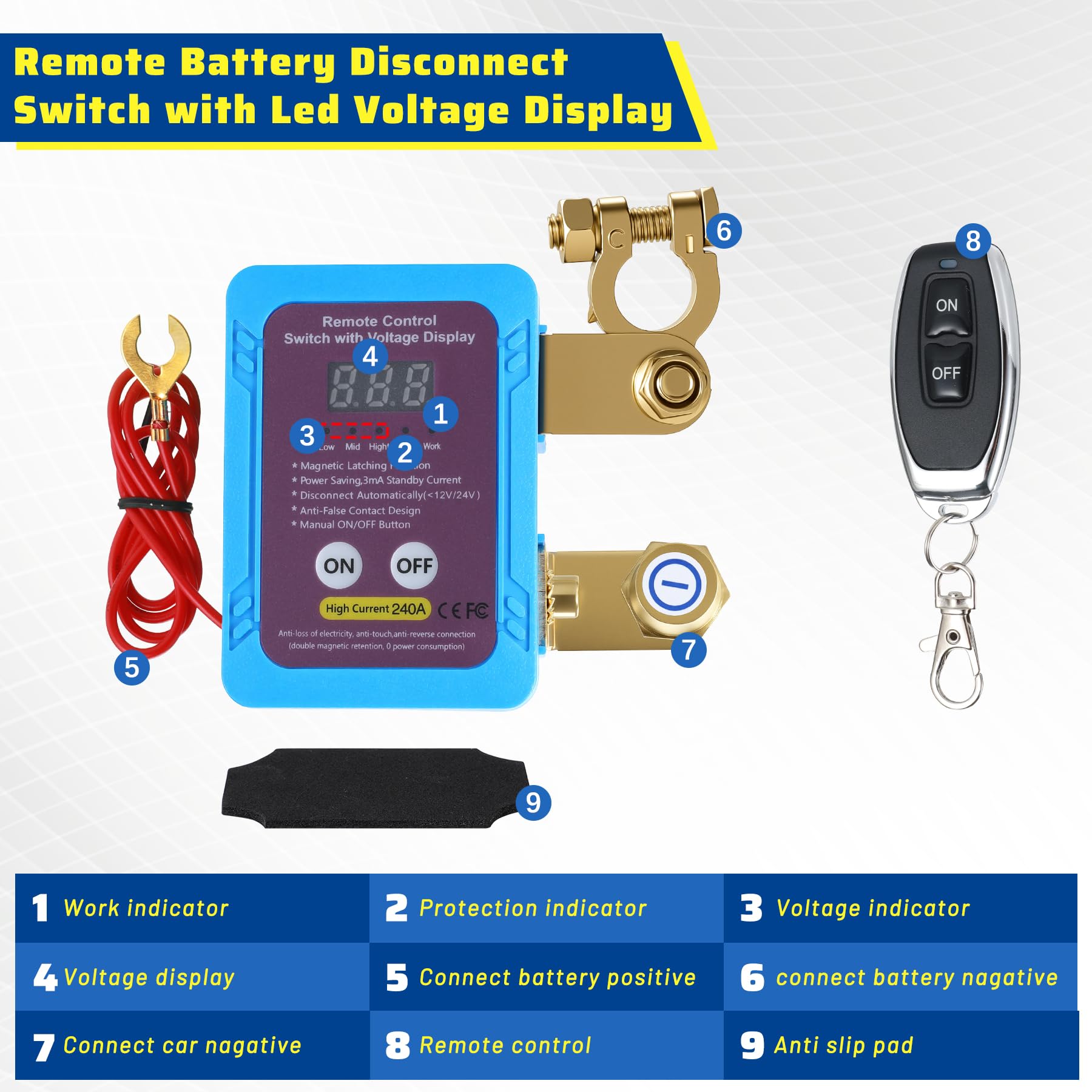 Stacca Batteria per Auto, Stacca Batteria 12v 240A con LED Volt Display e Telecomando, Intelligente Staccabatteria for Auto, RV, ATV, Camion, Barca