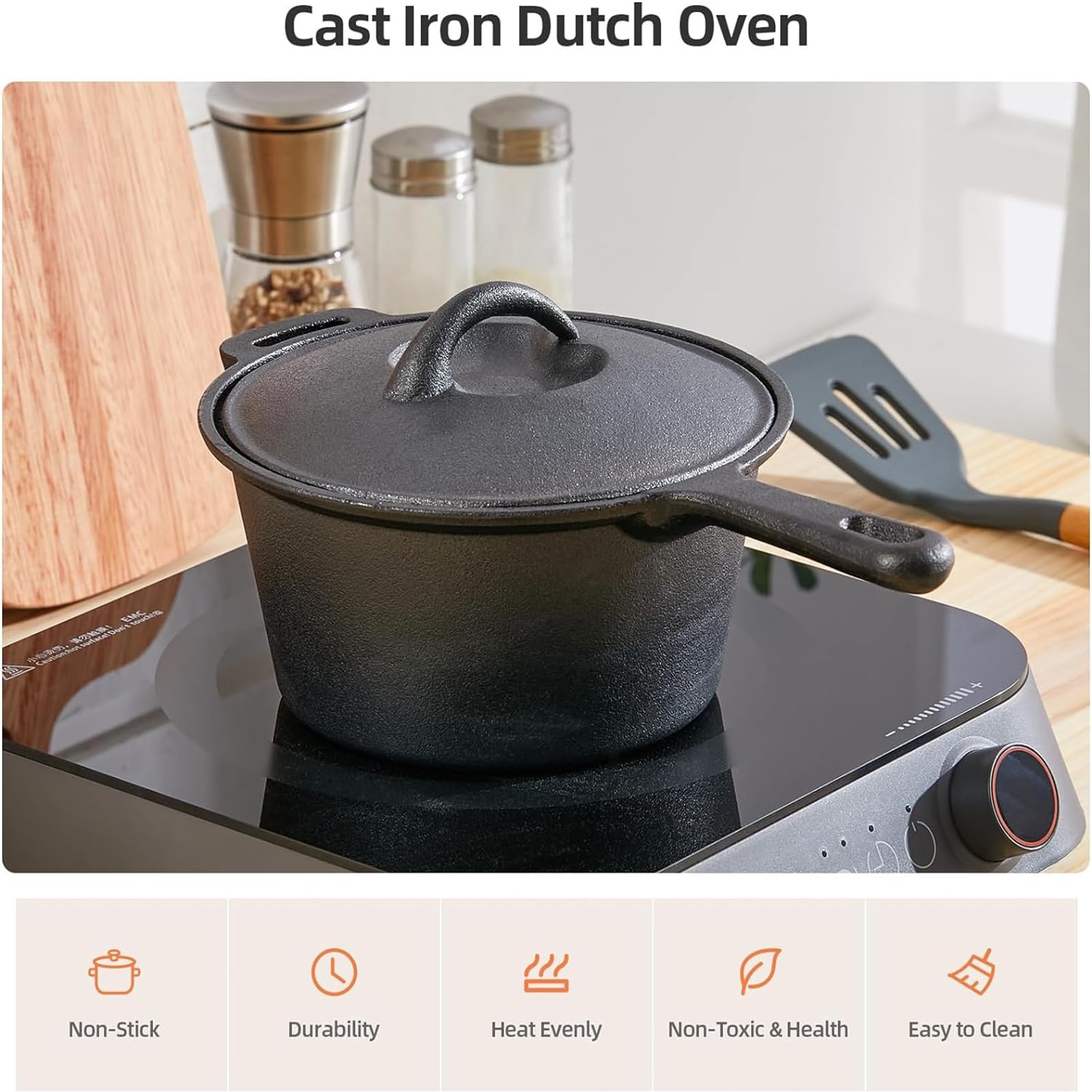Forno Olandese in Ghisa, 2L Antiaderente Pre-Stagionato Pentolino Olandese con Coperchio E Manico Lungo, Ideale per Campeggio, Cottura, Cottura E Frittura,Nero