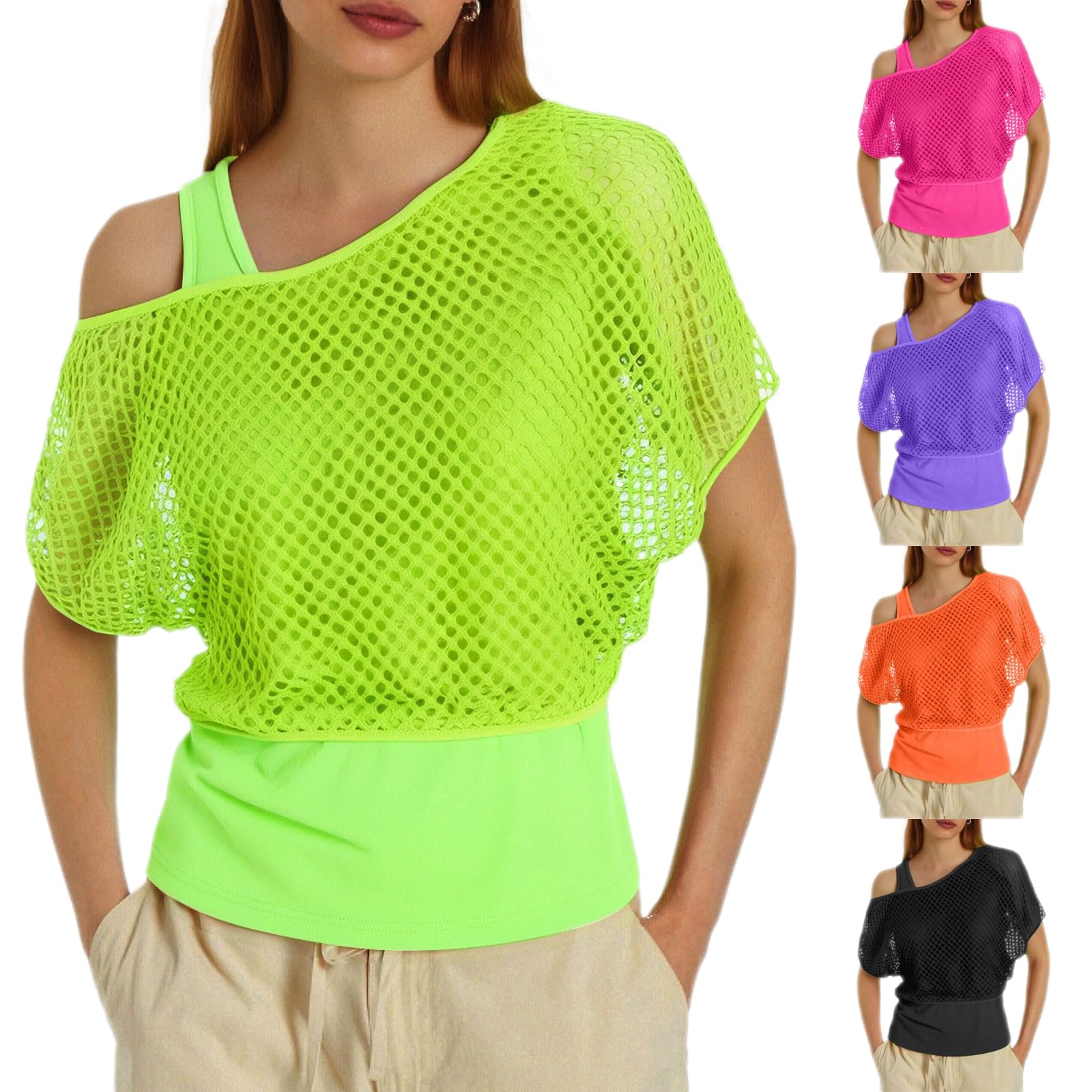 Déguisement Année 80-90 Femme Fluo T-Shirt Resille, Débardeur Jambières Gants en Maille Costume, Kit Année 80 Accessoires Carnaval Vêtements Aérobic Fête Thème, 01 Rose Vif, M