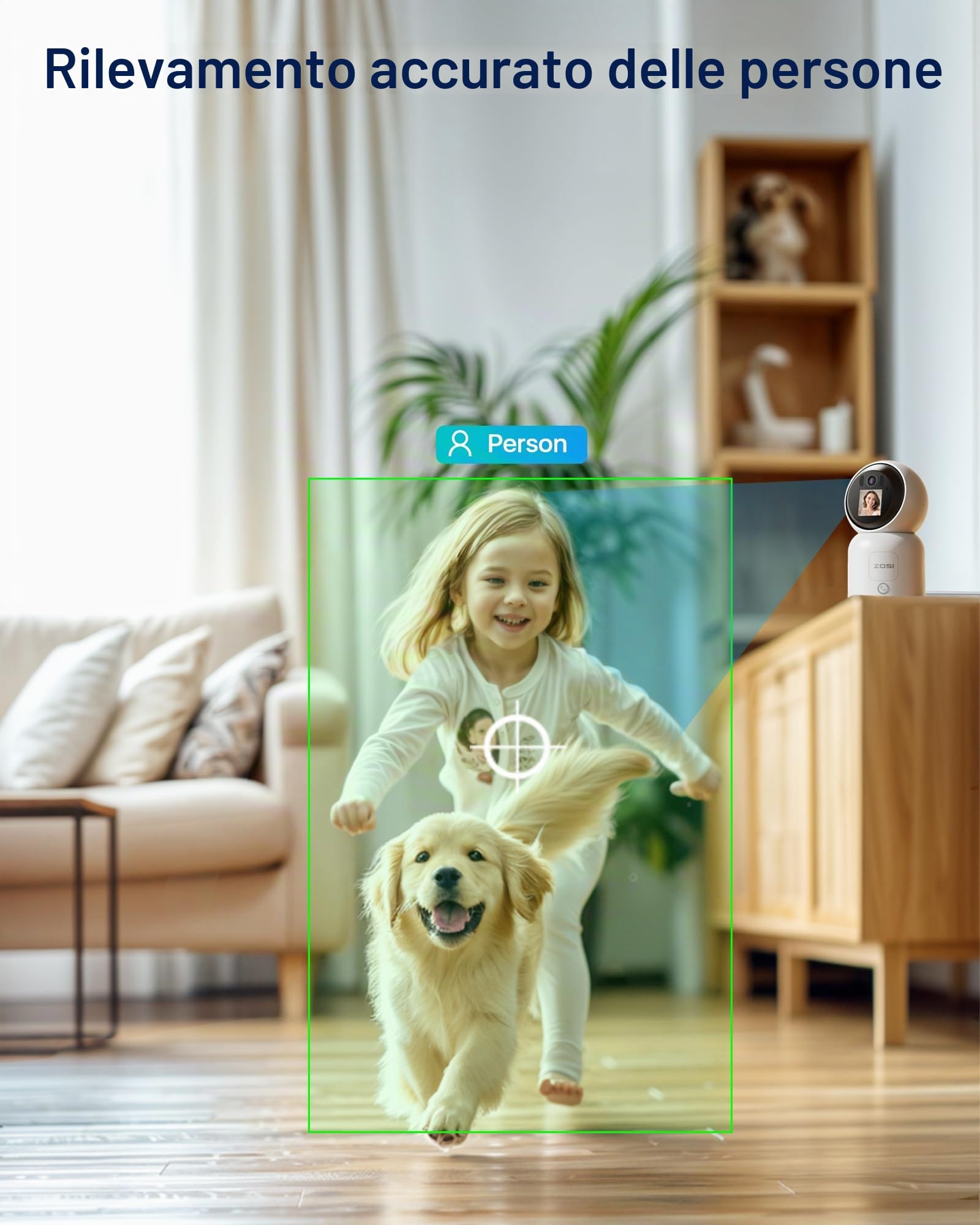 ZOSI 4K Telecamera WiFi Interna, 8MP Videocamera a 2,4/5GHz con 1,44" Monitor, Videochiamata con Tacco o Gesto OK, Pan 360°/Tilt 90°, Rilevamento di Persone con Auto-Tracking, C519