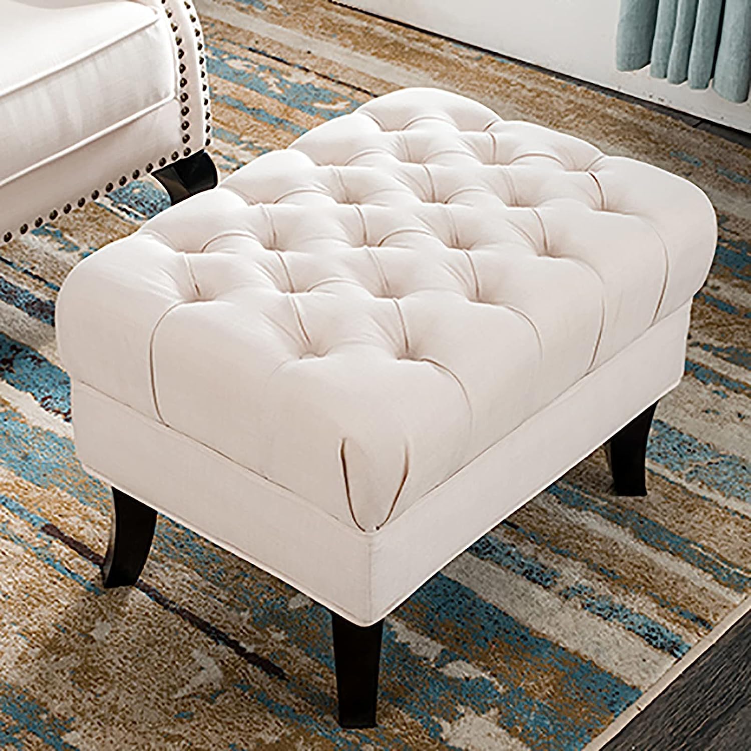 Repose-pieds ottoman à boutons blanc tabouret de repos en bois massif