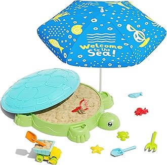 Turtle Sandbox with Lid & Adjustable Umbrella, Kids Sand Box with Sand Molds and Shovels Set for Sensory Play, Toddler Outdoor Indoor Toys for Boys Girls Ages 3+ (Green)