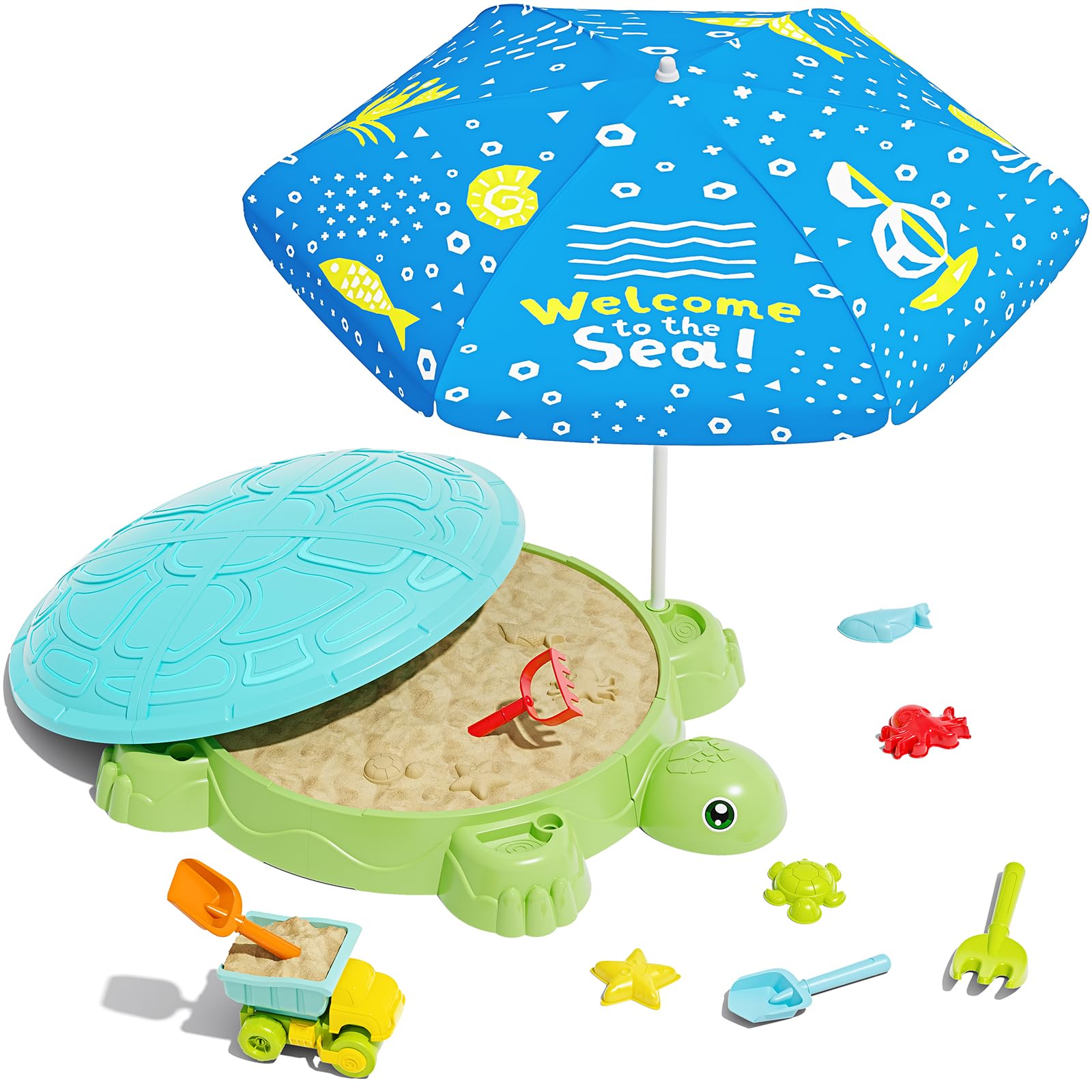 Turtle Sandbox with Lid & Adjustable Umbrella, Kids Sand Box with Sand Molds and Shovels Set for Sensory Play, Toddler Outdoor Indoor Toys for Boys Girls Ages 3+ (Green)