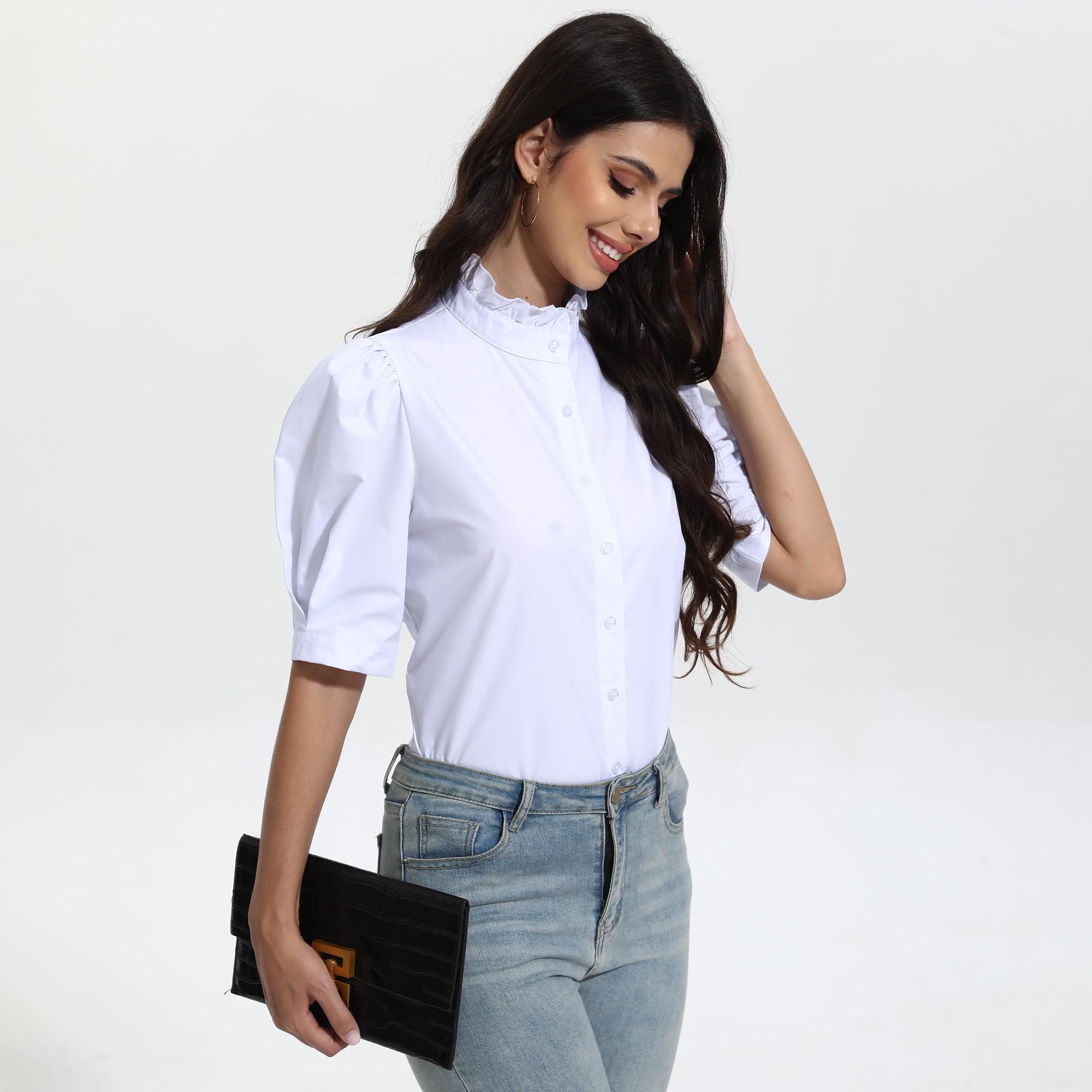 Blusa de verano 2024 para mujer, color negro, con volantes, cuello alto, con botones, mangas abullonadas, Blanco 2