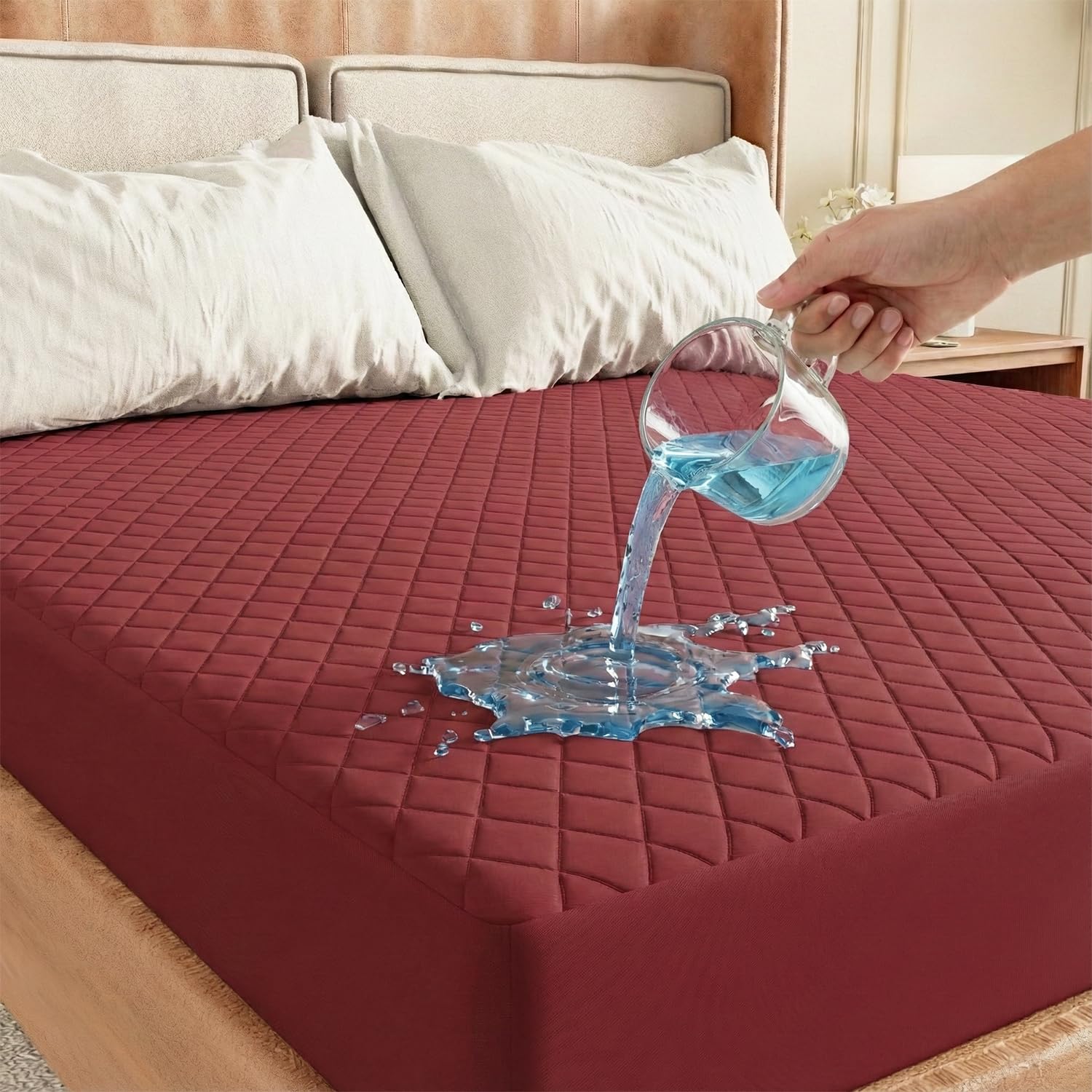 Lukzer 100% Waterproof Quilted Mattress Protector with Ultra Soft Surface 72x60 Inches Maroon Queen Size Breathable Noiseless Washable Hypoallergenic Bed Cover with Deep Pocket Skirt - MTP-QMAR-003-image-1