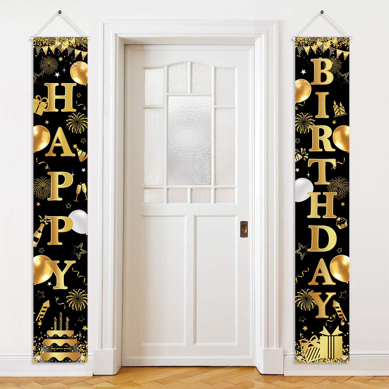 Avezano Happy Birthday Door Banner Black and Gold Birthday Decorations for Men Women Black Gold Porch Sign Party Supplies