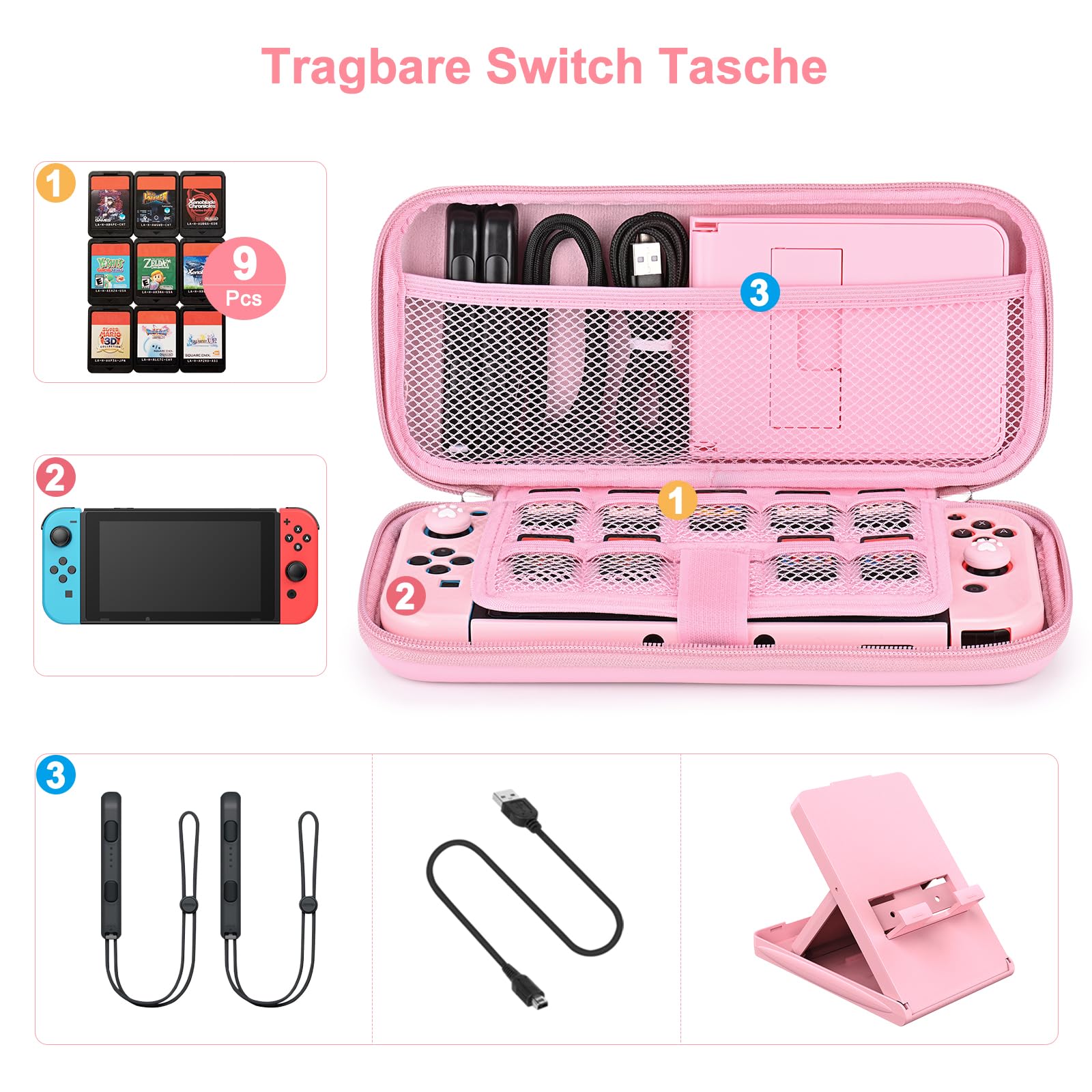 Younik Switch Zubehör Bundle, 17 in 1 Switch Zubehör Kit für Mädchen Enthalten Switch Tasche, Verstellbarer Ständer, Schutzhülle für Switch Konsole & J-Con(Rosa) - 3