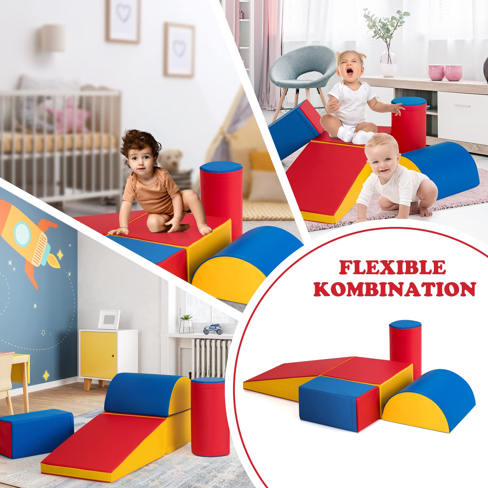DREAMADE 5 TLG. Softbausteine für Kinder, Großbausteine Riesenbausteine zum Toben und Klettern, Schaumstoffbausteine für Kindergarten Kinderzimmer, Bauklötze aus PE und EPE (Rot+Blau)