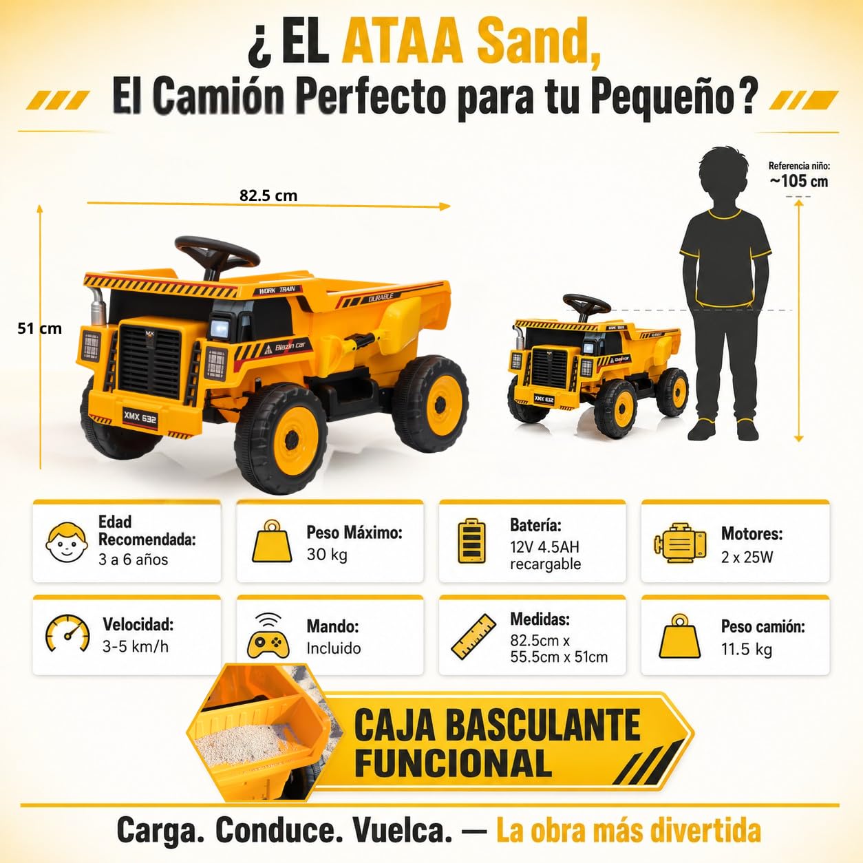 Camión Volquete Eléctrico Infantil 12V ATAA Sand con Mando Remoto | Amarillo – Música, Bluetooth y luces LED