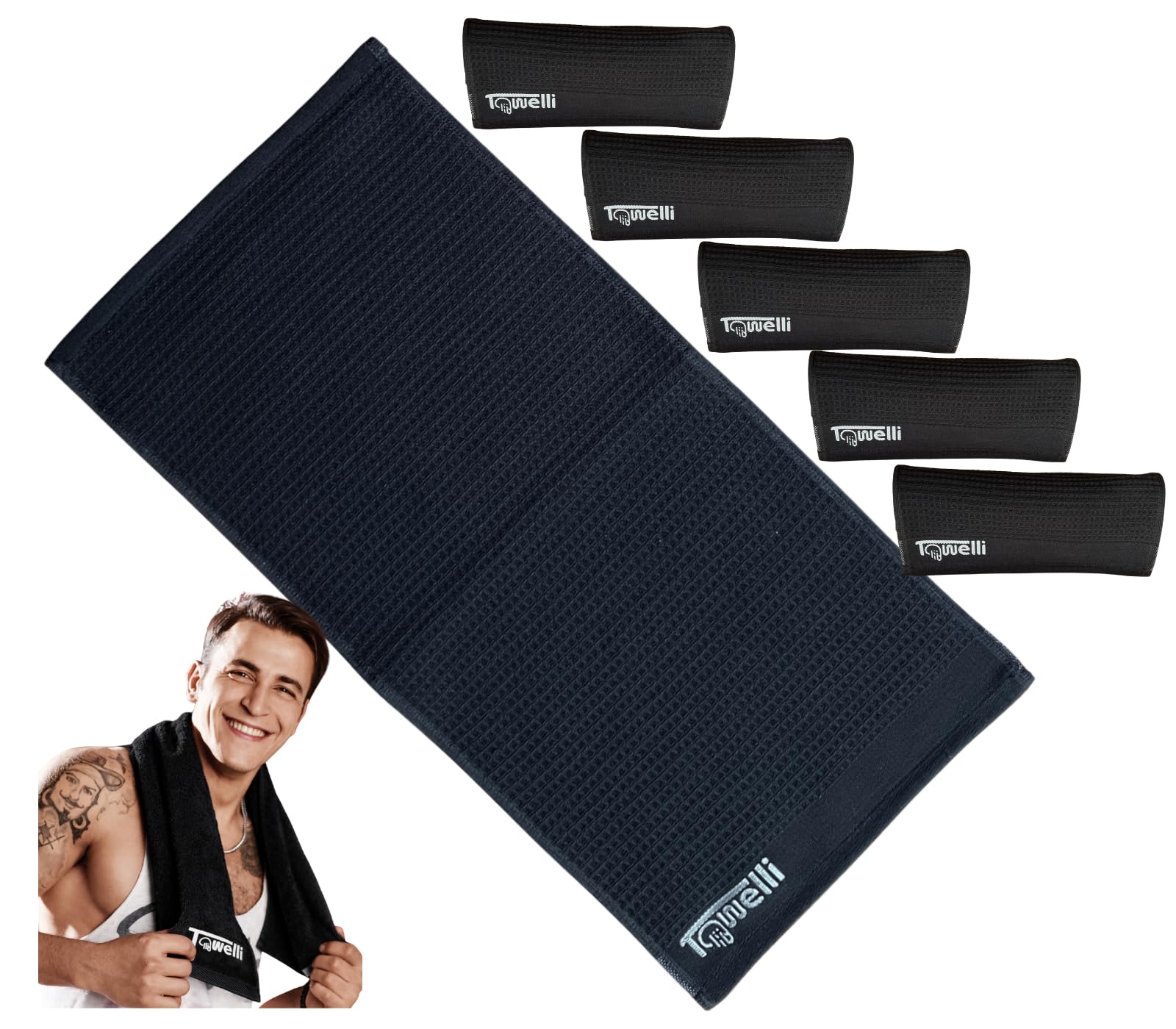 JWL Premium Turkish Cotton Gym Towel | Quick Dry Sports Towel for Gym, Running, Swimming, Yoga & Travel | Soft Absorbent Lightweight Workout Towel (Black, 30x53cm ~ 12x21 inches, Pack 6)