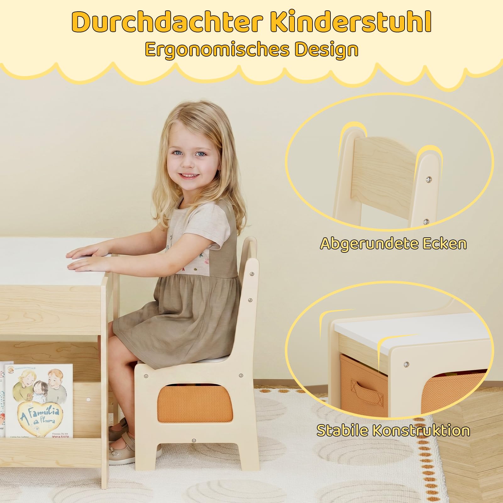 Clevich Kindersitzgruppe Holz mit Stauraum, Kindertisch mit 2 Stühlen, Holz | Tisch & Stühle Set mit Bücherregalen, Kinder Maltisch & Basteltisch, für Kinderzimmer, Spielzimmer, Kindermöbel ab 3 Jahren