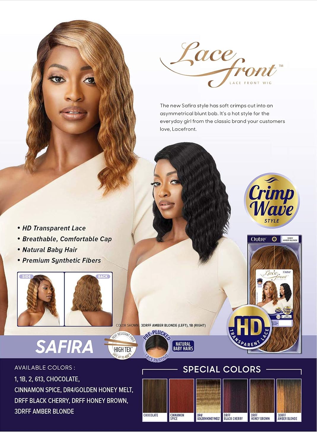 Outre Lace Front Wig Pre Plucked Lace Parting Natural Baby Hairs HD Transparent Crimp Wave Style SAFIRA (CHOCOLATE)