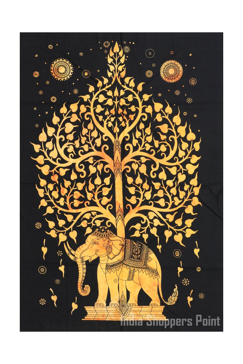 Shoppers Point® Good Luck Wealth Elephant Under Tree | Tie Dye Ethnic Decorative Wall Hanging/Bohemian Tapestry/Poster (Cotton Fabric, 40X30 INCH, Multicolour, GLWE-001)