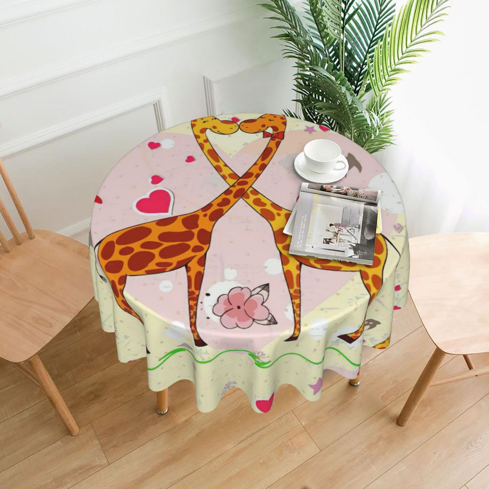 OXbnmm Giraffe Heart Flower Butterfly Print Soft Round Tablecloth 60in Polyester Washable Cover Cozy Gift for Mom Housewarming