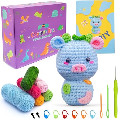 ZMAAGG Kit de ganchillo para principiantes, kits de animales de ganchillo, kit de ganchillo de vaca, kit de inicio de ganchillo con hilo, video de