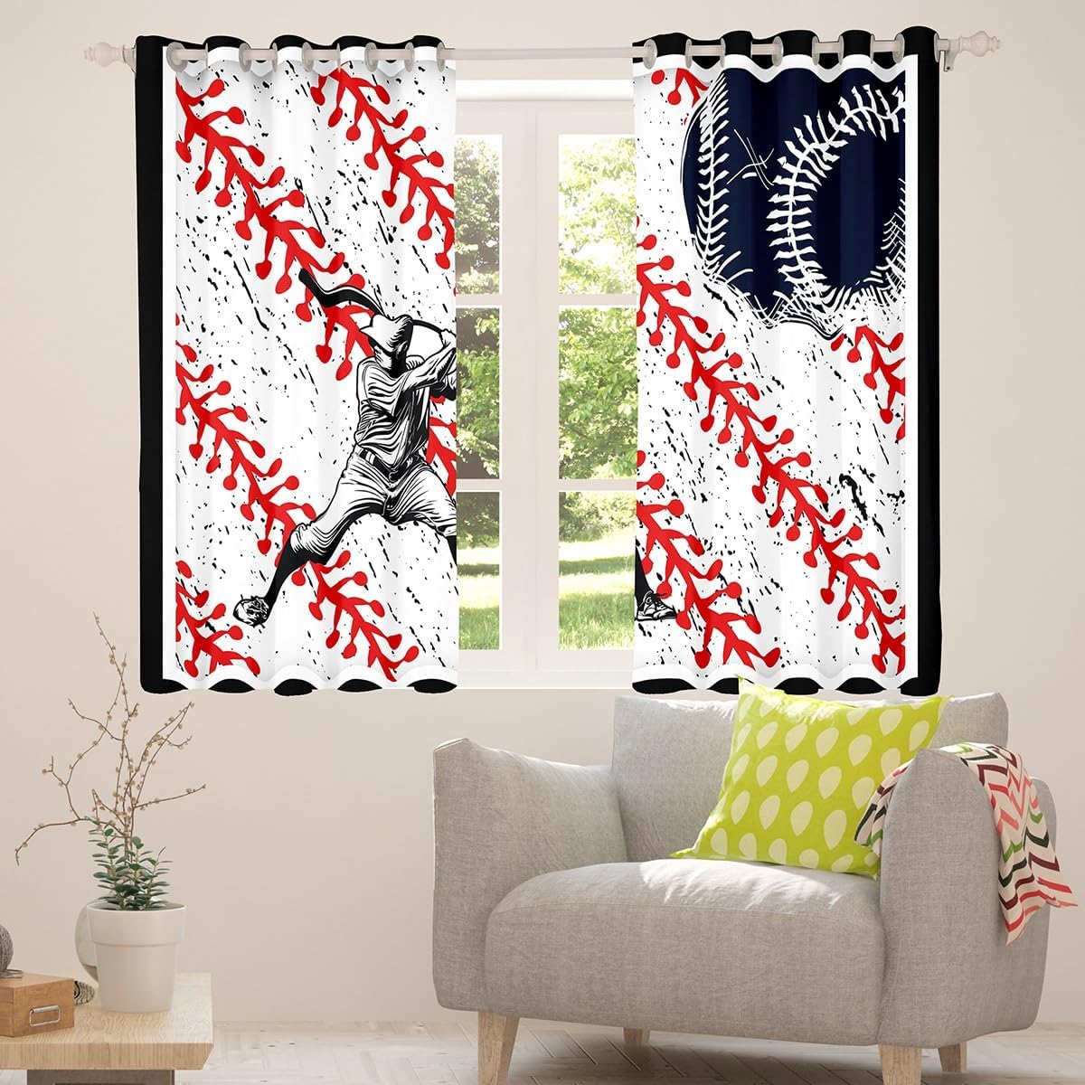 Castle Fairy Baseball Window Curtains,Player Ball Sports Outdoor Games Window Treatments for Kitchen,Plaid Red Grey Stripes Hand Drawn Polyetser Blackout Window Drapes, 2 Panels, 52Wx84L inch