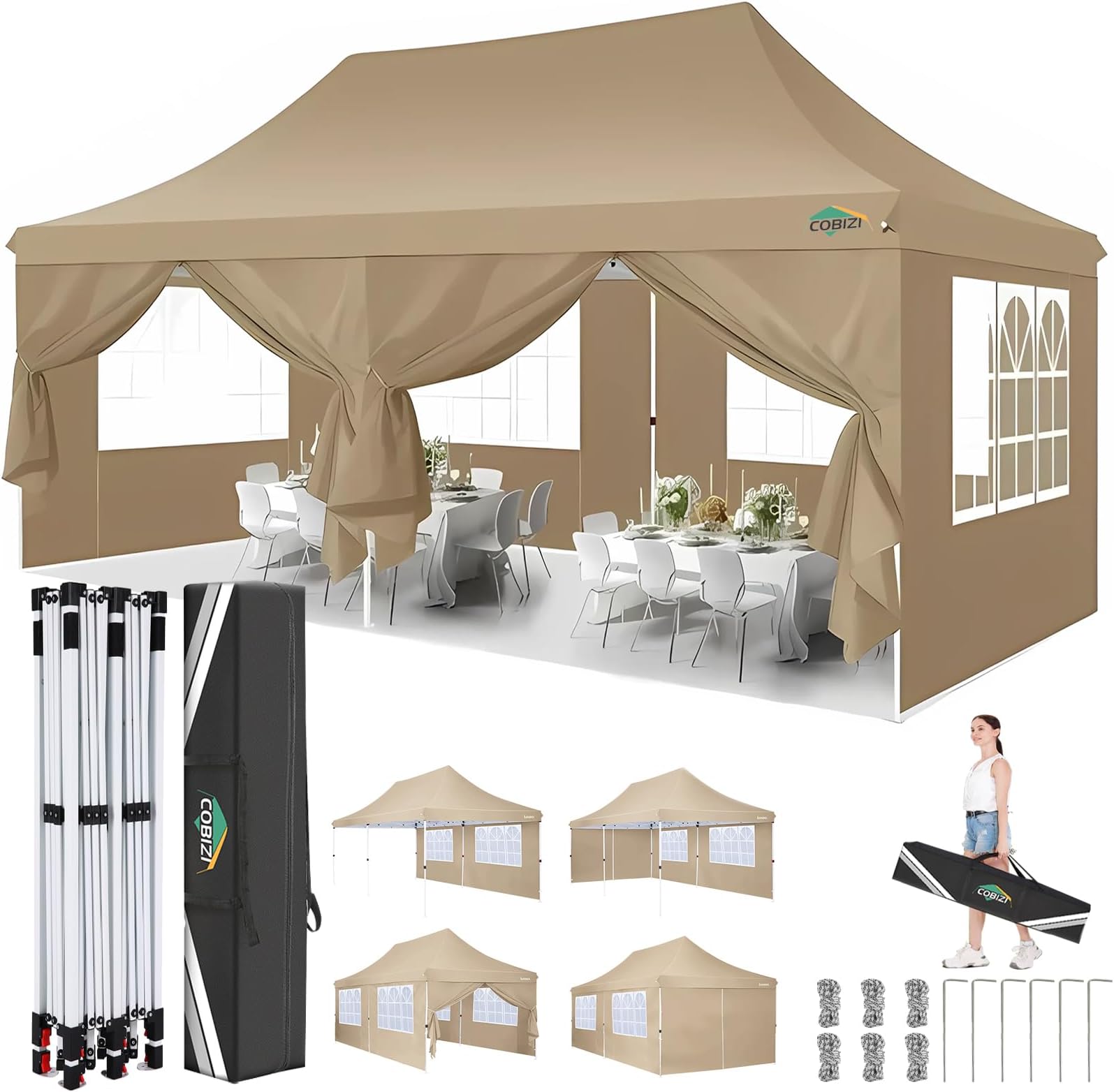 COBIZI Folding Gazebo 3 x 6 m Waterproof Stable Gazebo 3 x 6 m Party Tent Foldable Anti-UV with 6 Side Walls, Garden Gazebo for Weddings, Outdoors, Garden, Party