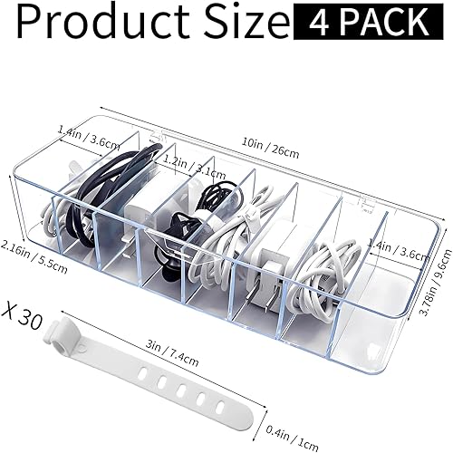 Miniatura 2 de Cheardia 4 Pack Cable Storage Organizer, 10 In Plastic Cord Storage Box with 30 Wire Ties, Clear Charger Organizer with Lid for Office Home Desk