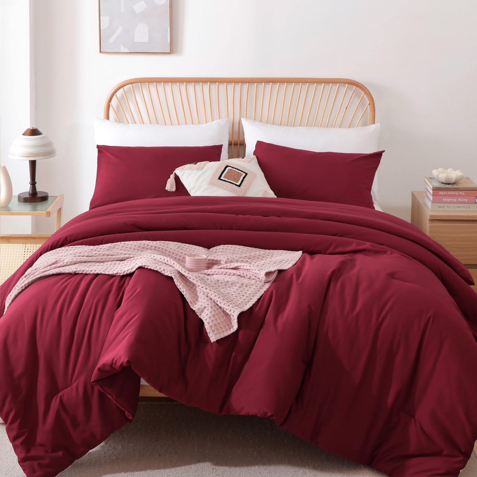 ROSGONIA Oversized King Comforter 128x120, 3pcs Super King Plus (1 Dark Red Comforter & 2 Pillowcases) Lightweight Warm Bedding Set Blanket Quilt