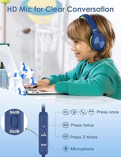Miniatura 3 de Auriculares para niños para la escuela auriculares para niños con micrófono función de compartir límite de volumen seguro de 85 dB94 dB sonido HD