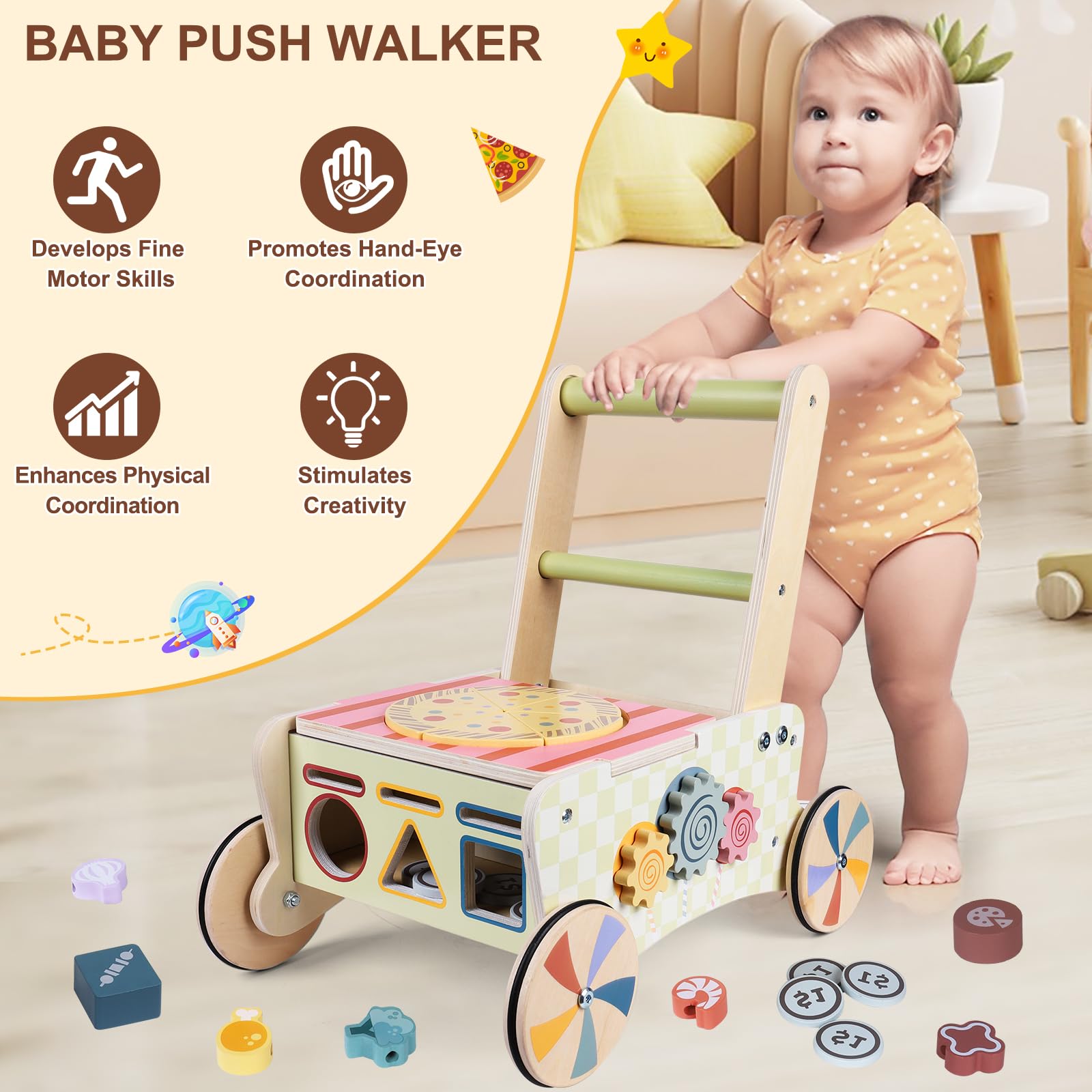 Kitchen Montessori Walker z drewna, zabawka Baby Walker z regulowaną prędkością