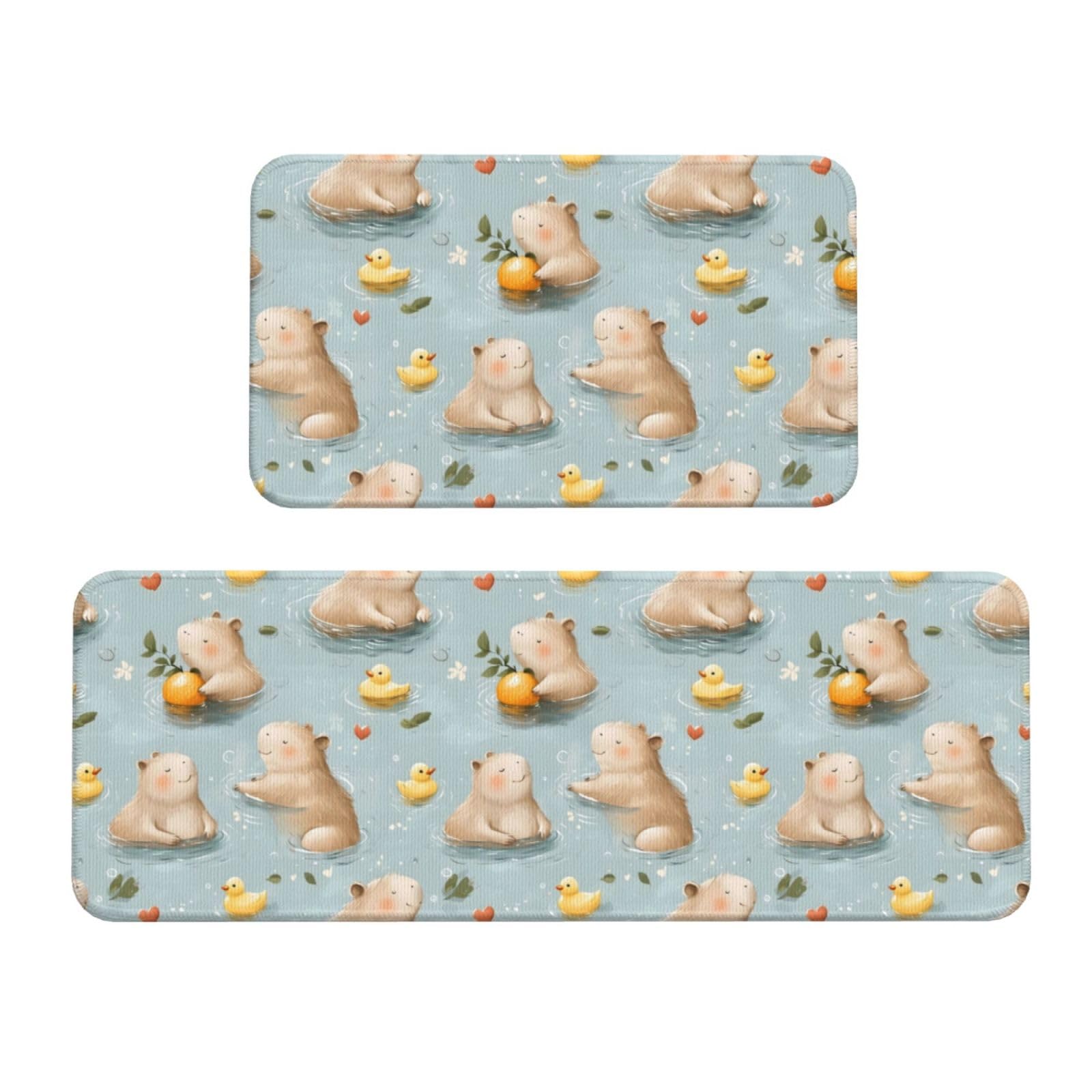 GVYGVY Antifatigue Kitchen Mats for Floor 2 Piece - Cute Capybara Duck Print Kitchen Rugs Washable, Non Slip Runner Rug Standing Mat for Office/Bathroom/Laundry/Home Decor and Accessories