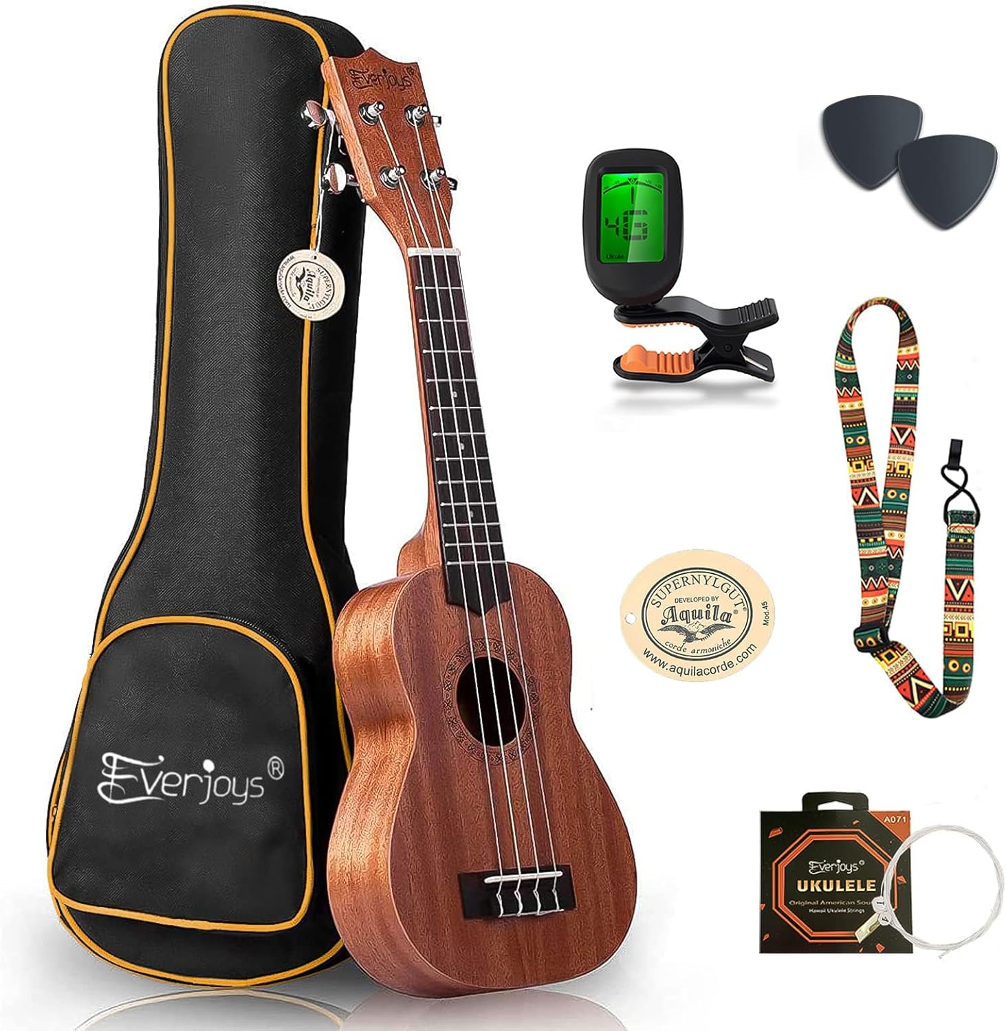 Everjoys Soprano Ukulele Beginner Pack-21 Inch w/Free Online Lesson Gig Bag Digital Tuner Pick All in One Kit (Natural Mhogany, Aquila Strings)