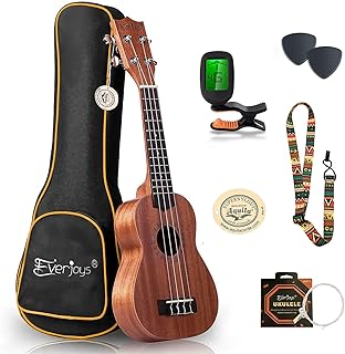 Everjoys Soprano Ukulele 21 inch Mahogany Ukelele Beginner Kit w/Free Online Lesson Case Strap Tuner Picks, Fast to Learn