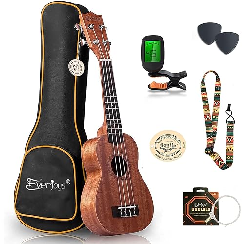 Everjoys Mahogany Soprano Ukulele Starter Kit - Professional 21 inch w/Case Strap Tuner Aquila Strings Pick (Natural Mahogany)