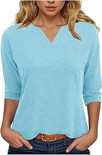 Camisetas con cuello en V y manga 3/4 para mujer, color sólido, Tops básicos casuales, verano de 2024, Blusas, Corte holgado, Jersey Camiseta de manga corta para mujer Y2K 2025