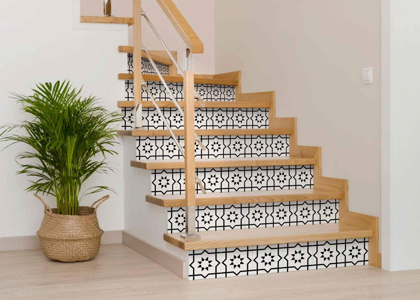 Black and White Tile Stickers by Mi Alma Peel and Stick Tile Stickers 24 PC Set backsplash Tile Decals Bathroom & Kitchen Vinyl Wall Decals Just Peel Stick Home Decor (Star Black and White, 8x8 Inch)