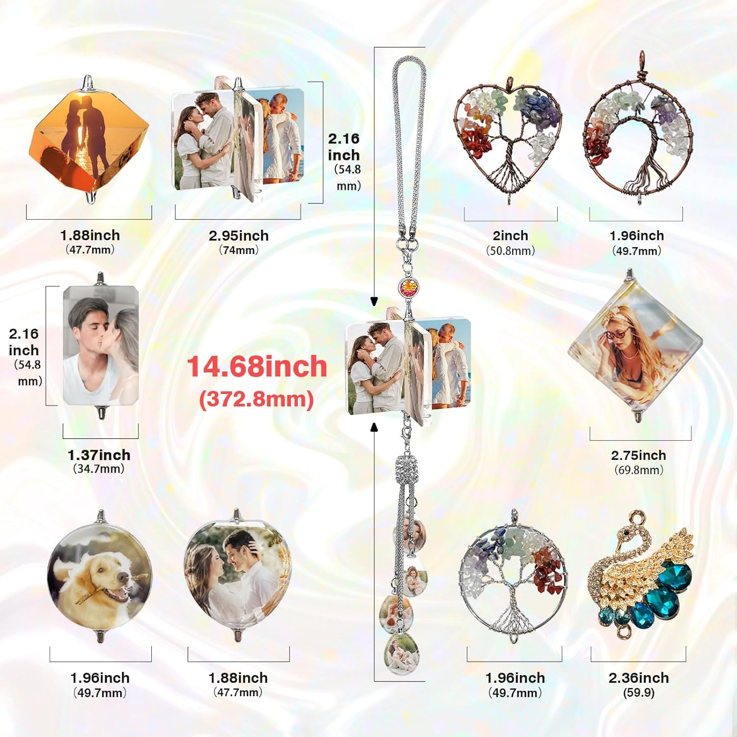 Custom Crystal Car Pendant Charms with Personalized Photos and Texts | Rearview Mirror Hanging Ornament | Lucky Photo Pendant Car Accessories for Women, Men, Family, Friends
