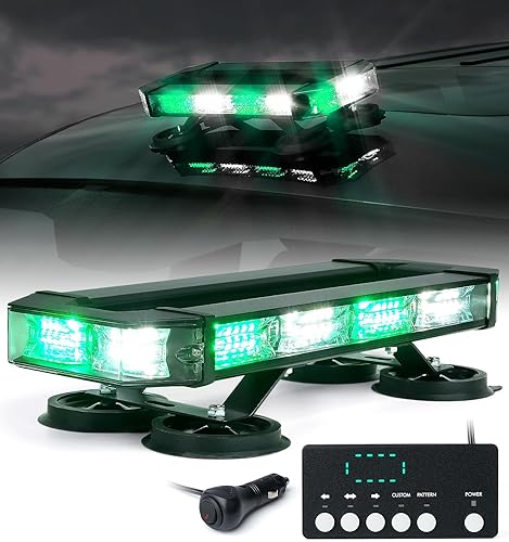 LUMENIX Barra de luz estroboscópica de emergencia LED blanca y verde para techo, barra de luz de tráfico de precaución con panel de control, base