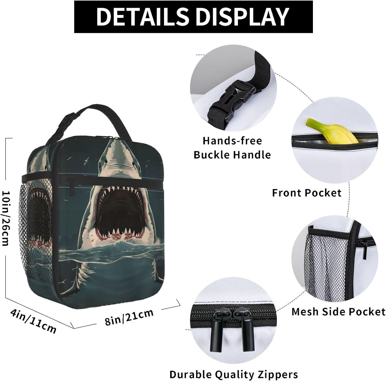 Insulated Lunch Box for Boys Kids Men Shark Lunch Bag for Work,Picnic,School,Travel,Hiking, Beach or Fishing Polyester Horror Shark Lunch Box - Image 2