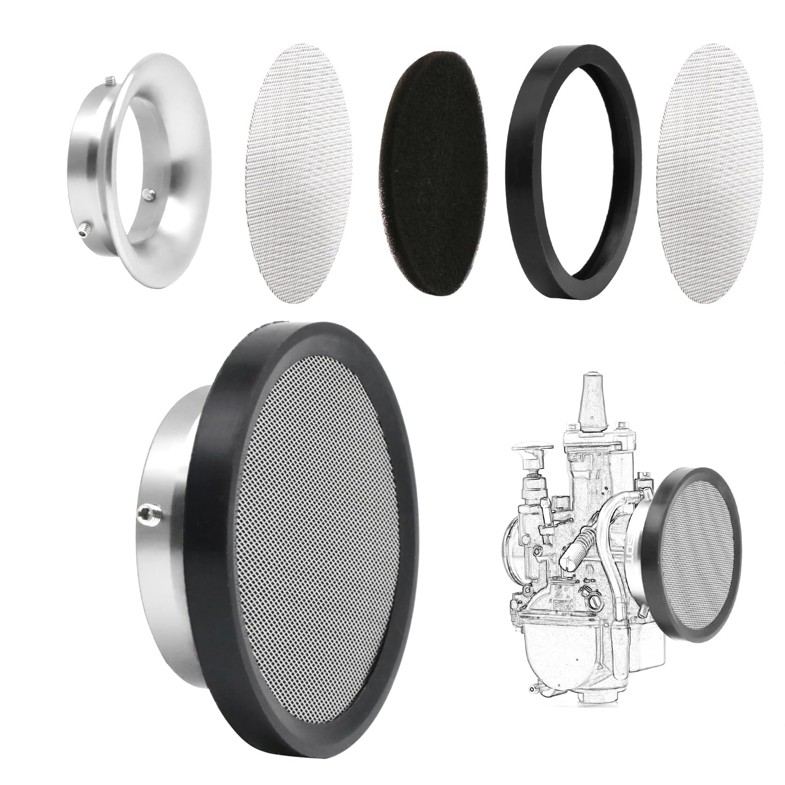 Filtro aria per carburatore in lega di alluminio con filtro in spugna e maglia in acciaio per PWK32-34 mm (argento, 55 mm)