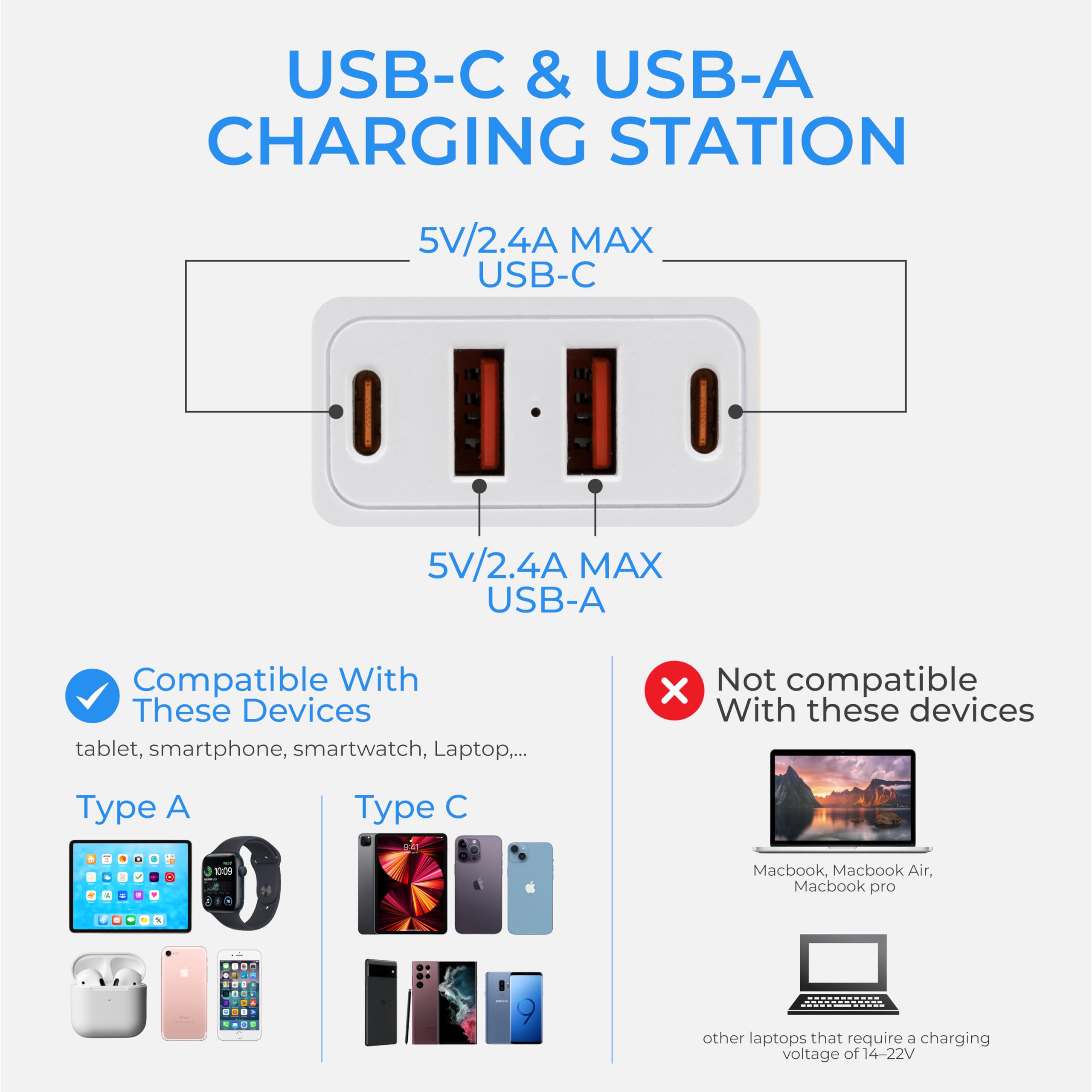 Cargador de pared USB con protector de sobretensiones de enchufe múltiple con 4 puertos USB y luz nocturna tira de alimentación de 3 lados con adaptador de tomas espaciadas
