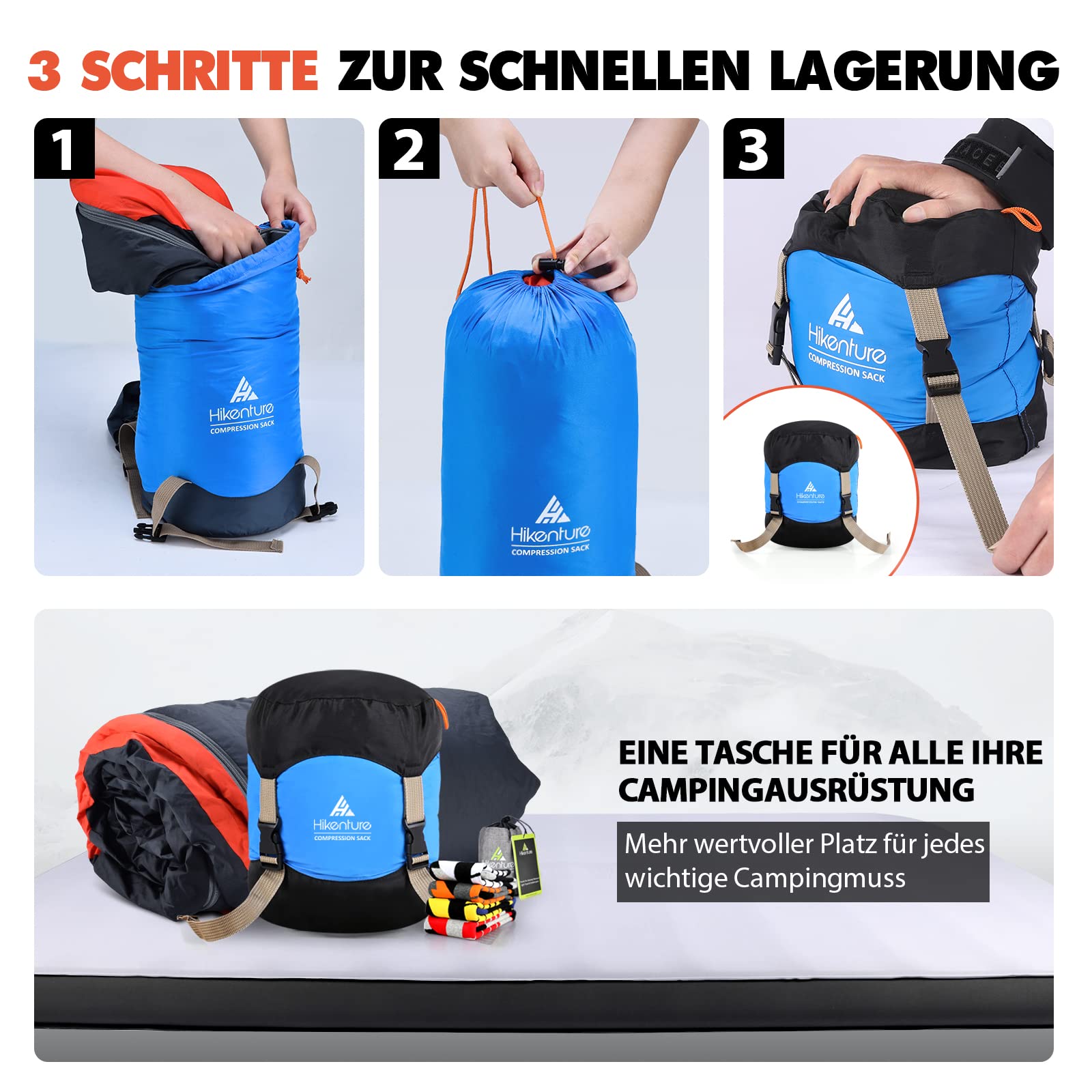 HIKENTURE Worek kompresyjny 10L/14L/20L/30L, 50% więcej miejsca do przechowywania Wodoodporny i ultralekki torba do przechowywania na kemping, do śpiwora.