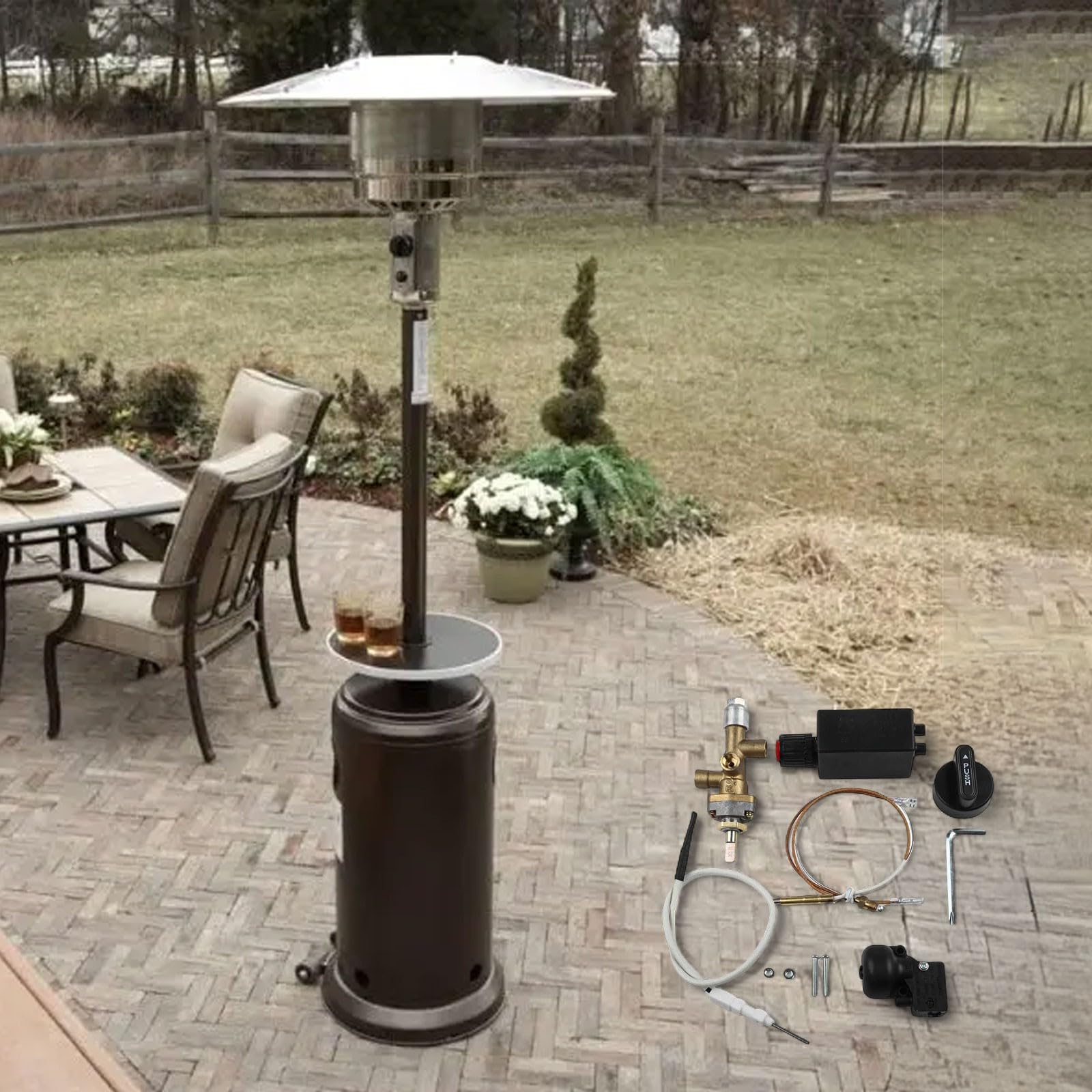 Kit de reparación de calentador de gas para patio al aire libre de 7 piezas con válvula de control de seguridad, interruptor de inclinación, termopar, componentes de encendido y perilla de