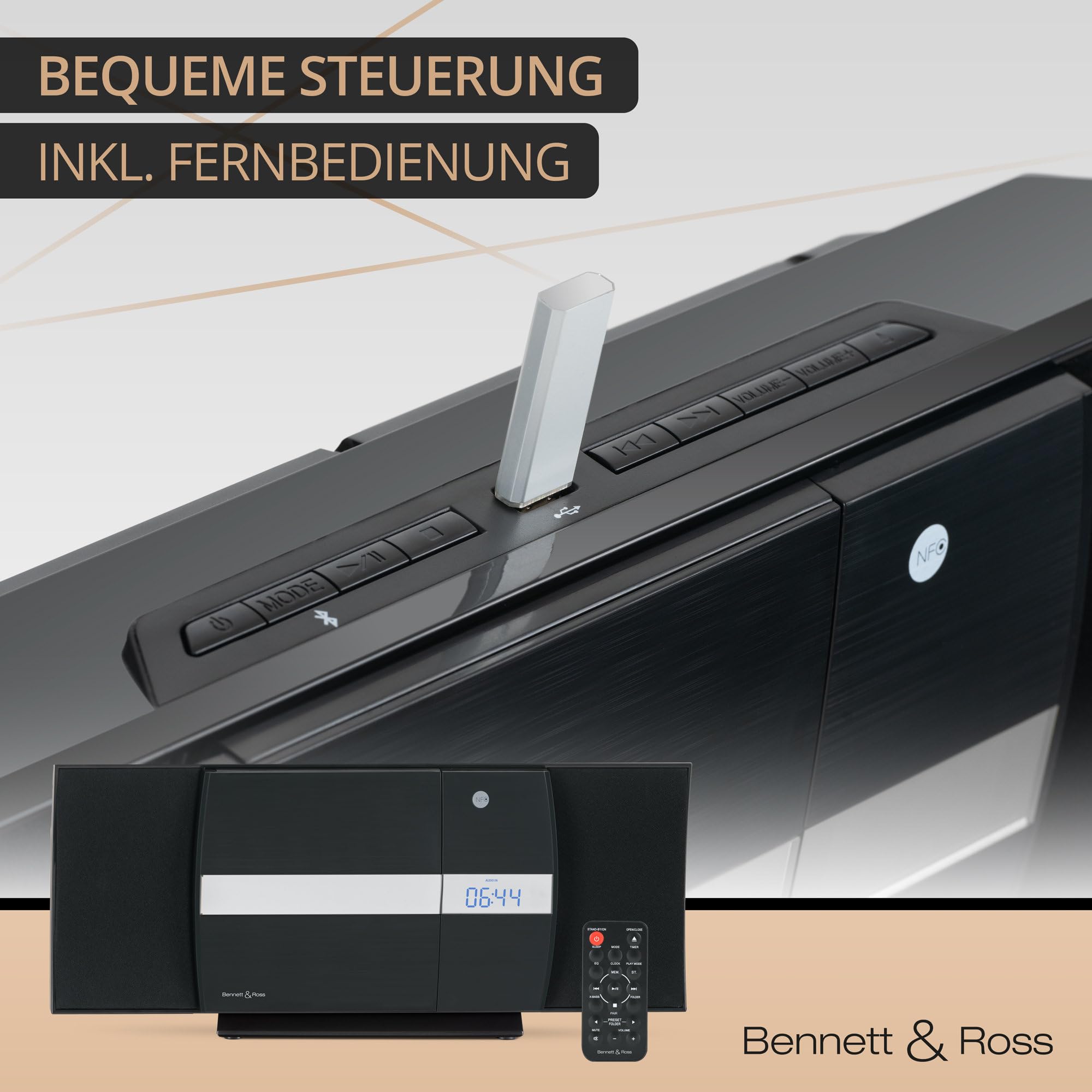 Bennett & Ross Ålesund Impianto stereo verticale - Microchaîne hi-fi avec lecteur CD, MP3, fonction UKW, USB et Bluetooth avec NFC - Installation sur pied ou murale - Telecomando incluso - Nero