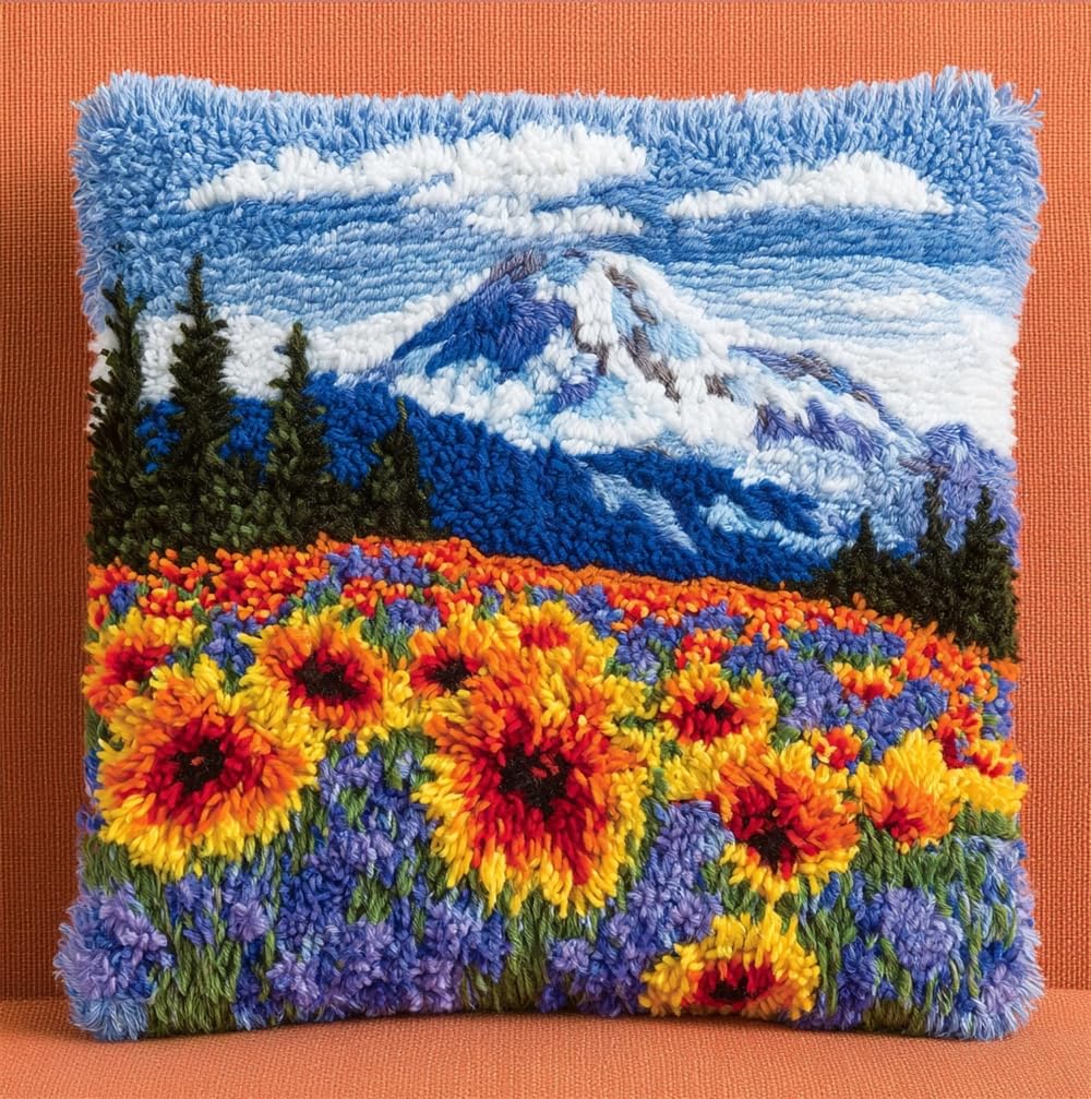 FWRTYCB Latch Hook Cushion Kits for Adults, Mountain Flowers Pillow Hook A