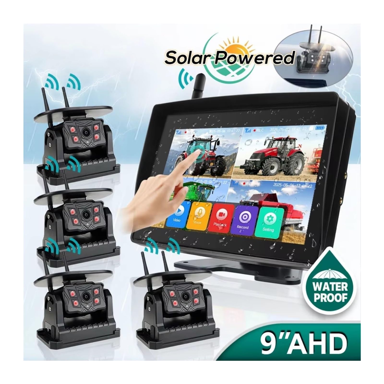 Grabador DVR Táctil Inalámbrico 9 Pulgadas Resistente Al Agua Monitor BSD Cámaras Imán Solar Camiones Remolques Autocaravanas Cámara de Respaldo