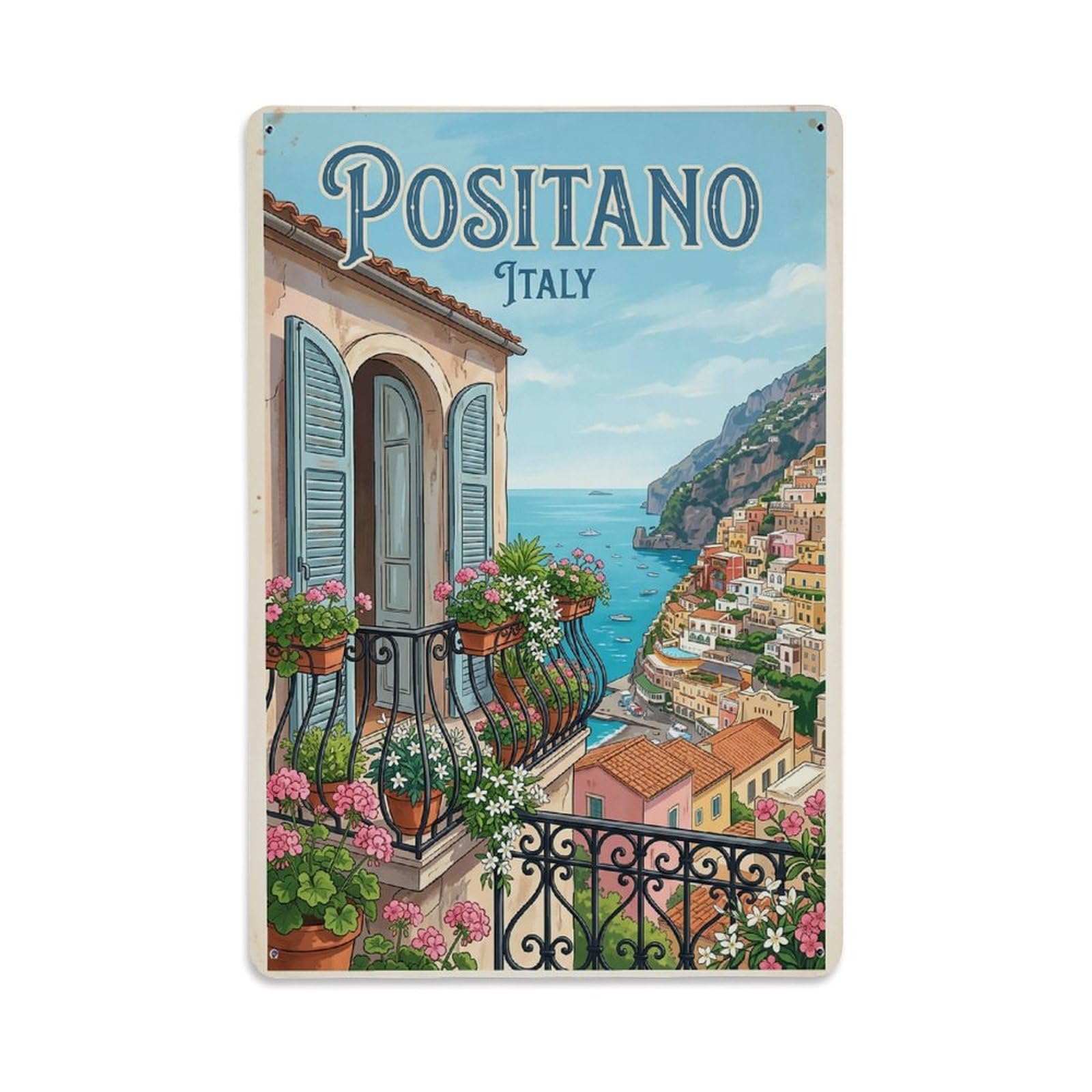 Huiyhb 8X12inch(20X30cm) Vintage Travel Positano Italy Spring Blossom Balcony Metal Tin Sign